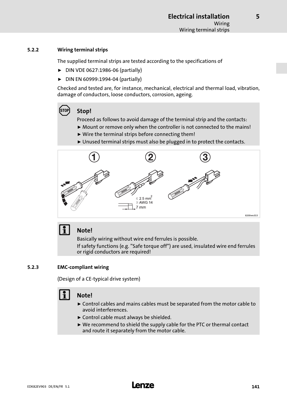Wiring terminal strips, Emc-compliant wiring, Emc−compliant wiring | Lenze E82EV 8200 vector 15kW-90kW User Manual | Page 141 / 288