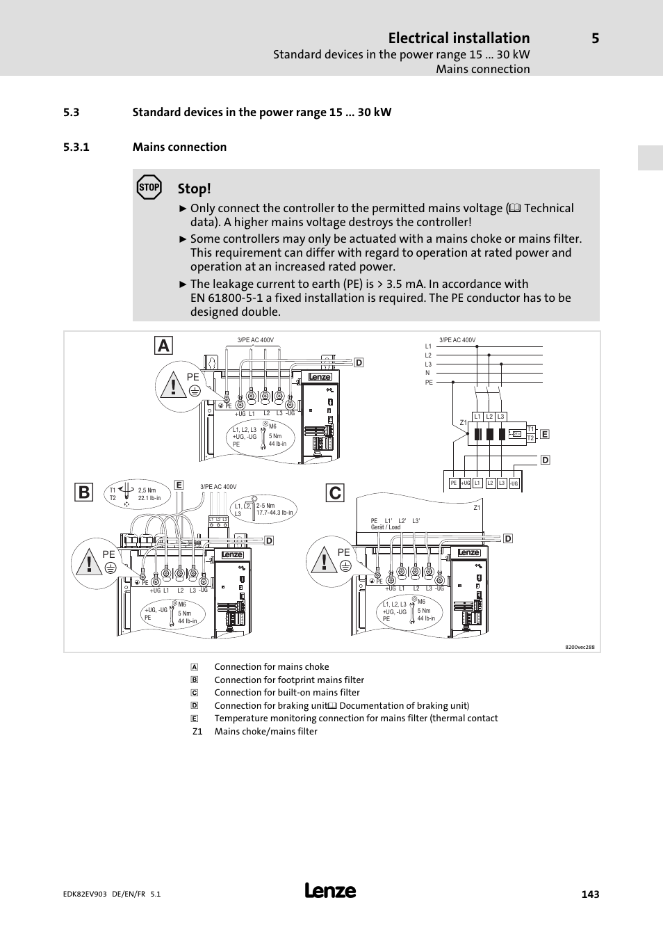 Standard devices in the power range 15 kw, Mains connection, Electrical installation | Stop | Lenze E82EV 8200 vector 15kW-90kW User Manual | Page 143 / 288