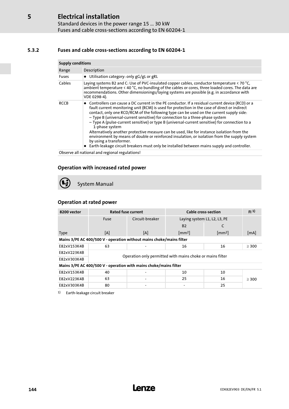 Electrical installation | Lenze E82EV 8200 vector 15kW-90kW User Manual | Page 144 / 288