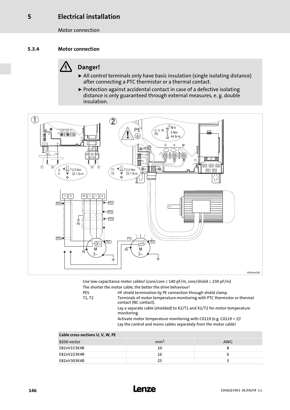 Motor connection, Electrical installation, Danger | 4 motor connection | Lenze E82EV 8200 vector 15kW-90kW User Manual | Page 146 / 288