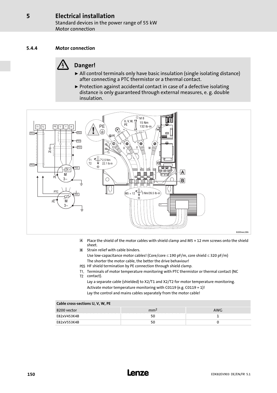 Motor connection, Electrical installation, Danger | 4 motor connection | Lenze E82EV 8200 vector 15kW-90kW User Manual | Page 150 / 288