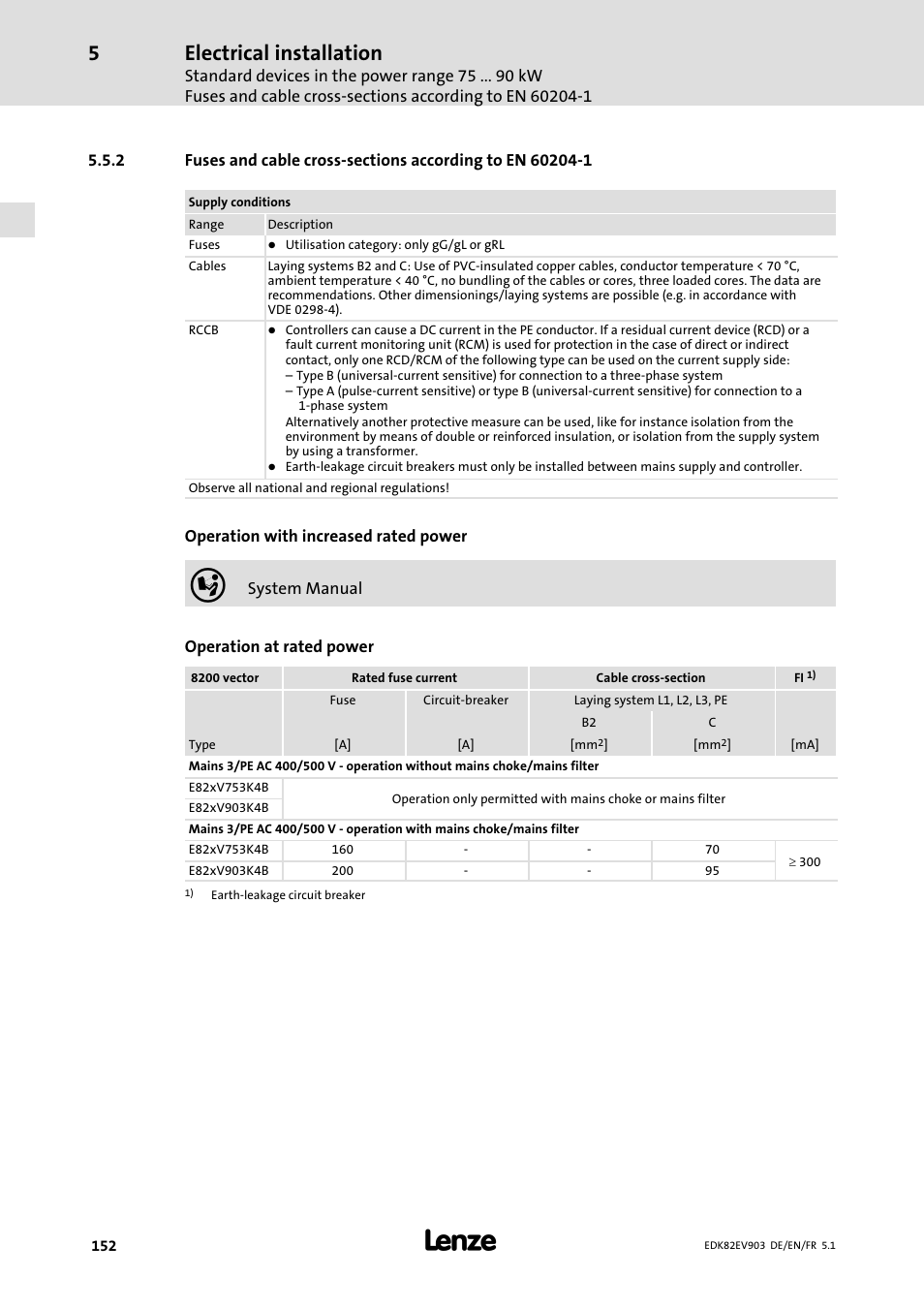 Electrical installation | Lenze E82EV 8200 vector 15kW-90kW User Manual | Page 152 / 288