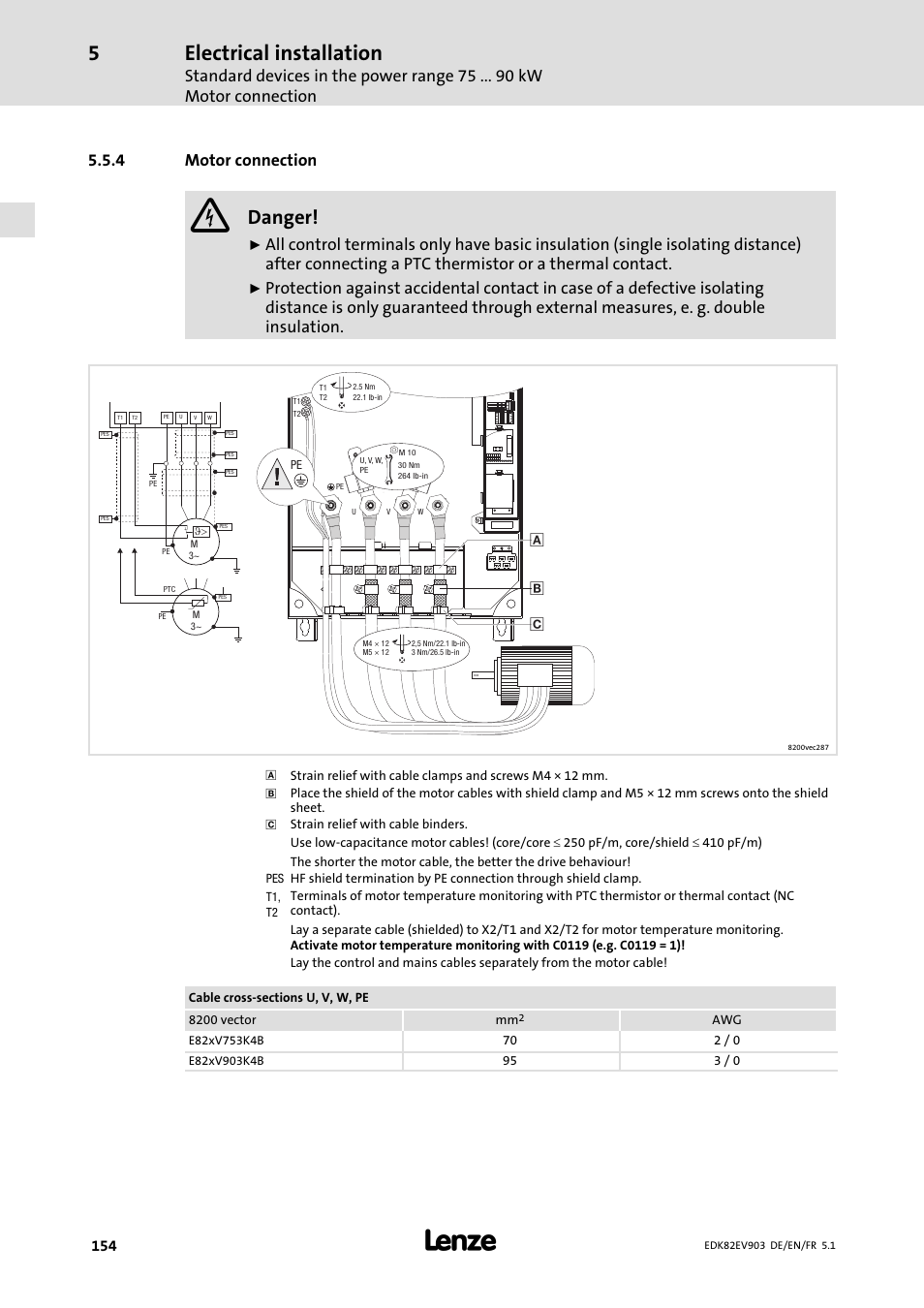 Motor connection, Electrical installation, Danger | 4 motor connection | Lenze E82EV 8200 vector 15kW-90kW User Manual | Page 154 / 288