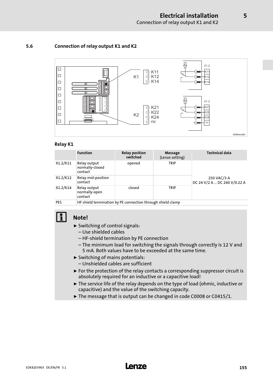 Connection of relay output k1 and k2, Electrical installation | Lenze E82EV 8200 vector 15kW-90kW User Manual | Page 155 / 288