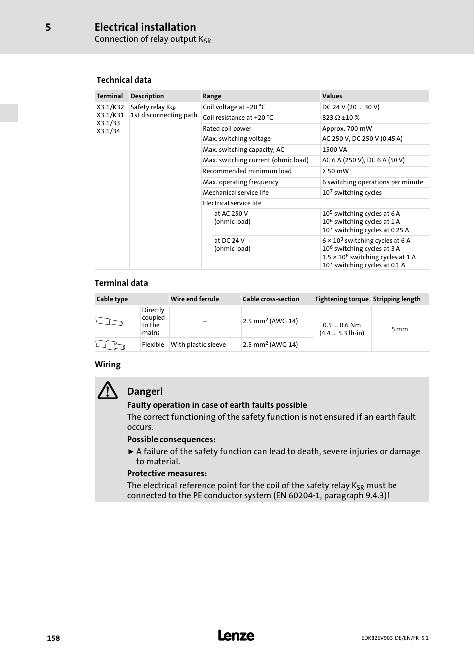 Electrical installation, Danger | Lenze E82EV 8200 vector 15kW-90kW User Manual | Page 158 / 288