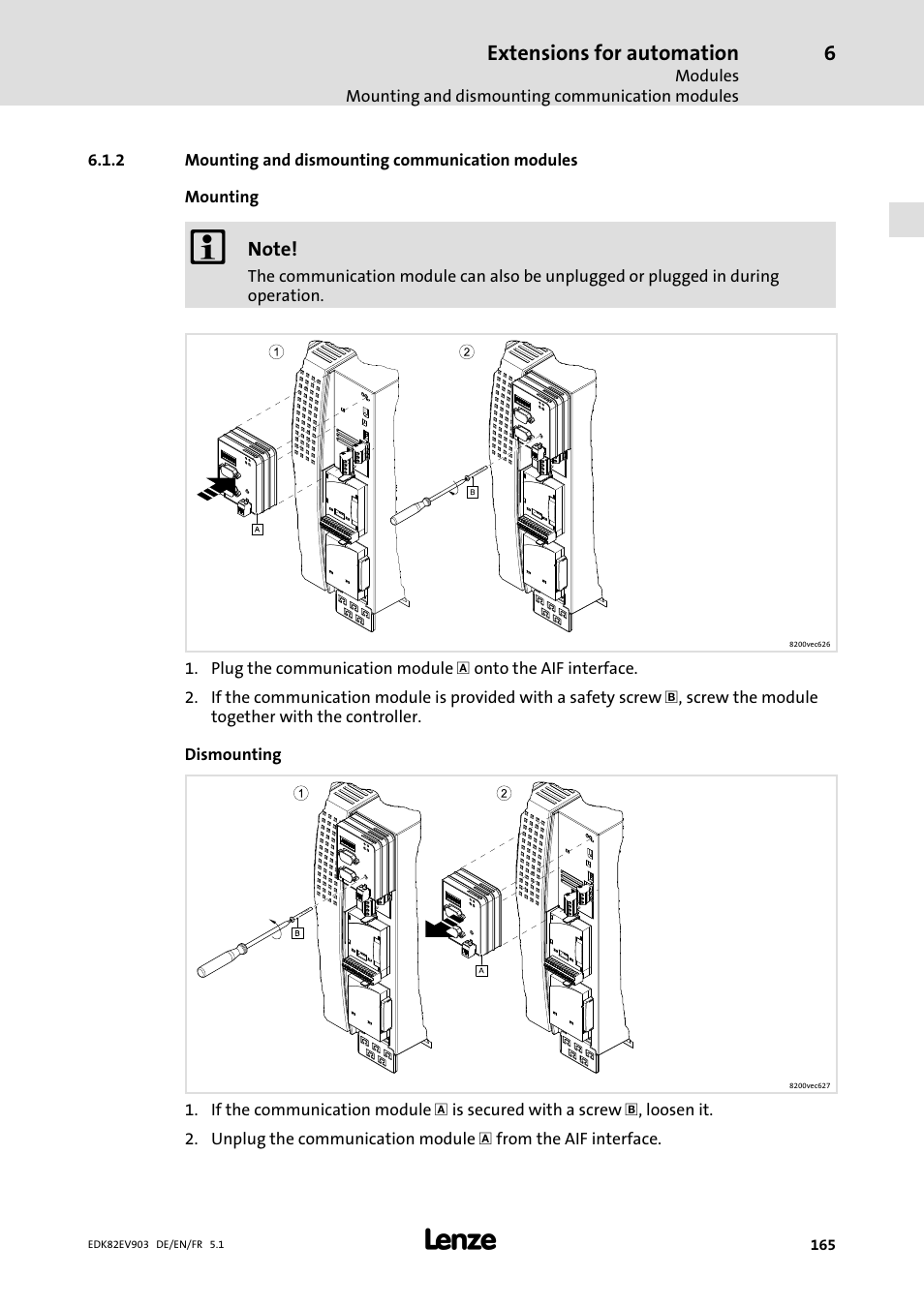 Mounting and dismounting communication modules, Extensions for automation | Lenze E82EV 8200 vector 15kW-90kW User Manual | Page 165 / 288