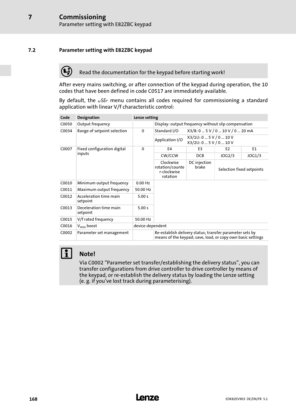 Parameter setting with e82zbc keypad, Commissioning | Lenze E82EV 8200 vector 15kW-90kW User Manual | Page 168 / 288