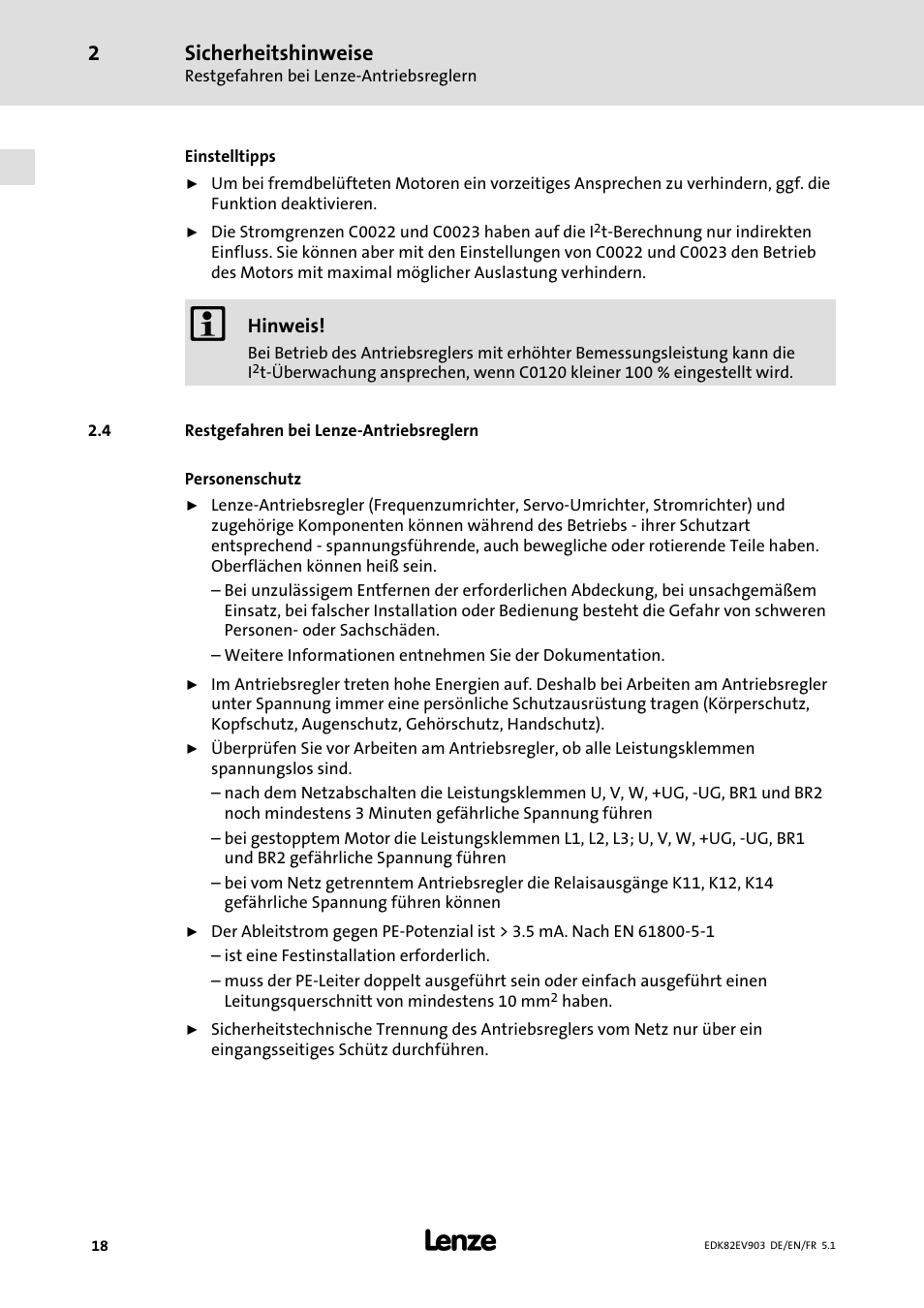 Restgefahren bei lenze-antriebsreglern, Restgefahren bei lenze−antriebsreglern, Sicherheitshinweise | Lenze E82EV 8200 vector 15kW-90kW User Manual | Page 18 / 288