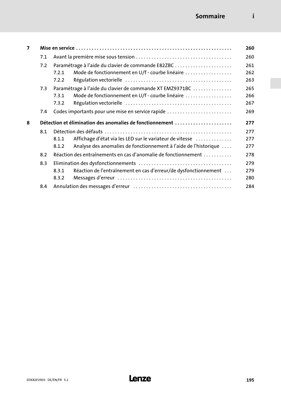 Sommaire i | Lenze E82EV 8200 vector 15kW-90kW User Manual | Page 195 / 288