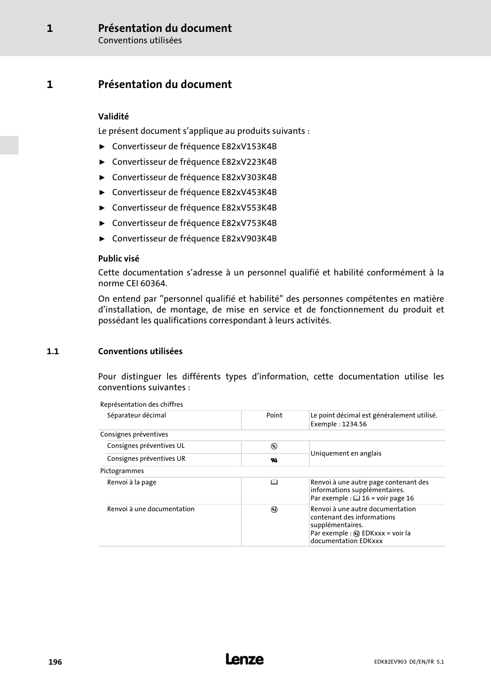 Présentation du document, Conventions utilisées, 1présentation du document | Lenze E82EV 8200 vector 15kW-90kW User Manual | Page 196 / 288