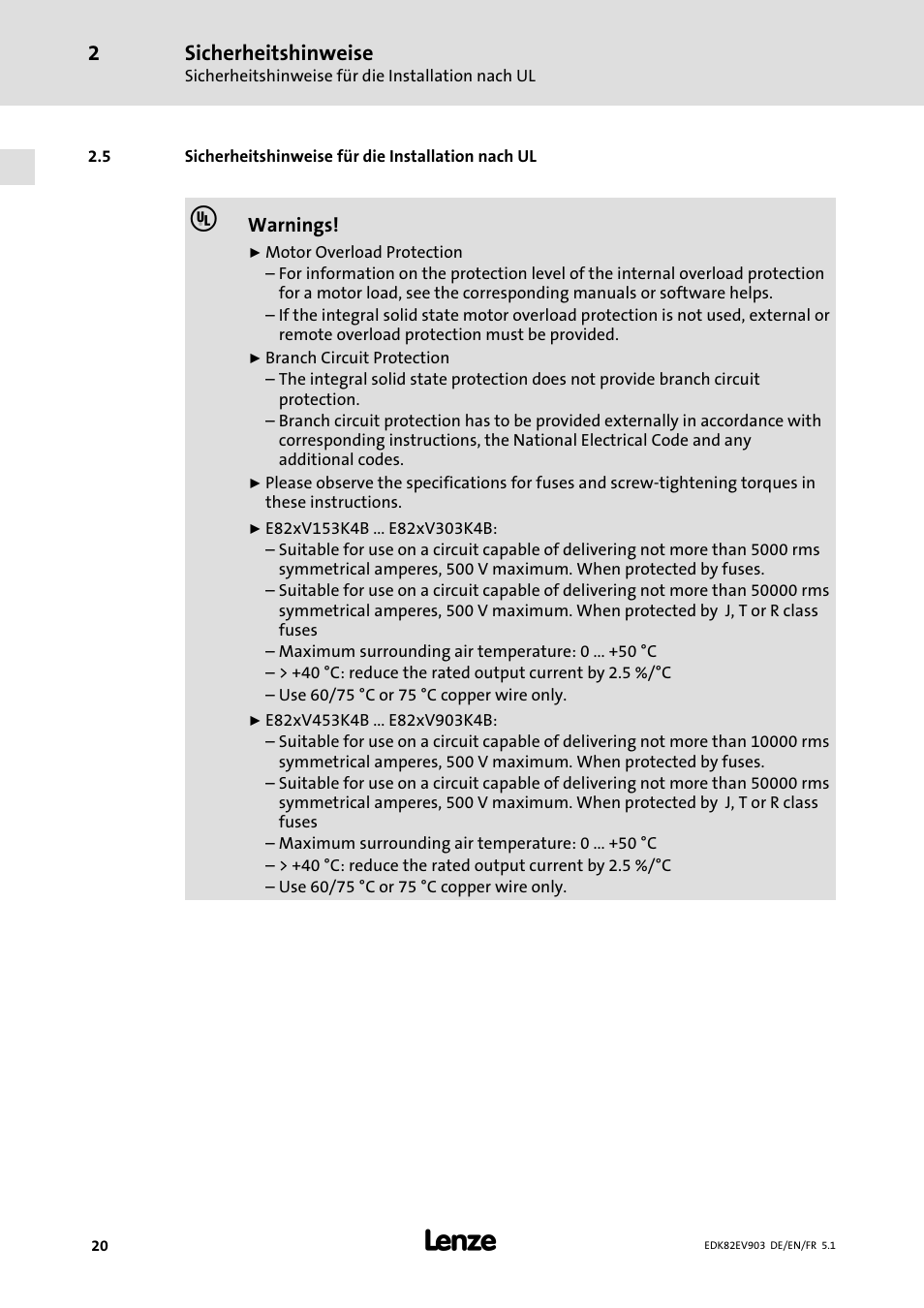 Sicherheitshinweise für die installation nach ul, Sicherheitshinweise | Lenze E82EV 8200 vector 15kW-90kW User Manual | Page 20 / 288