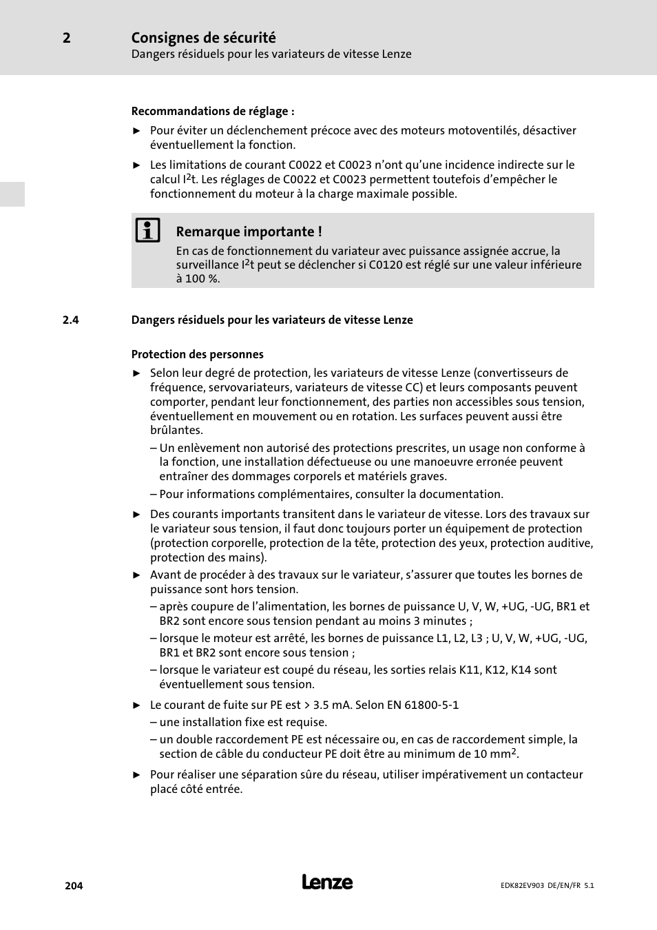 Consignes de sécurité | Lenze E82EV 8200 vector 15kW-90kW User Manual | Page 204 / 288