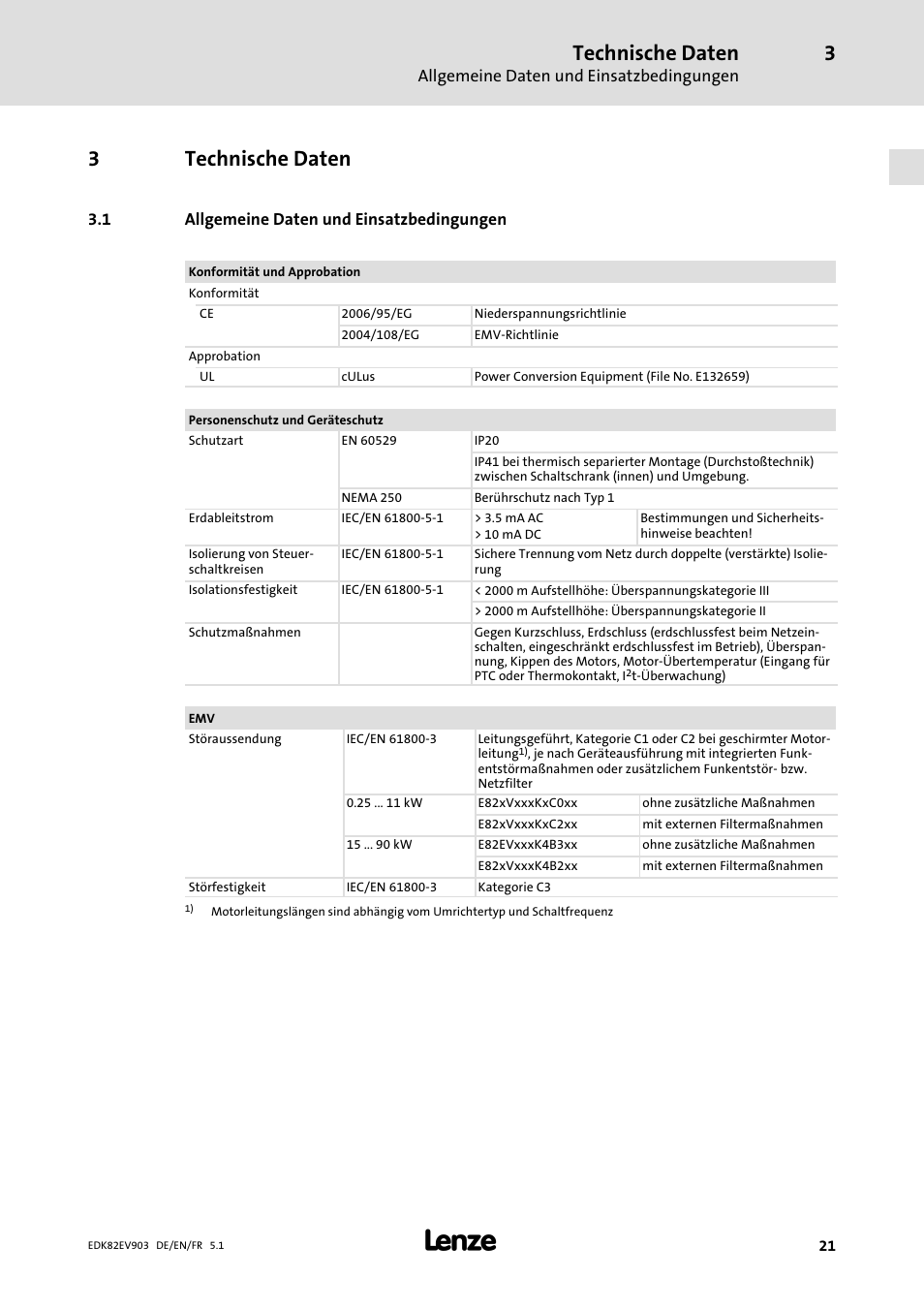 Technische daten, Allgemeine daten und einsatzbedingungen, 3technische daten | Lenze E82EV 8200 vector 15kW-90kW User Manual | Page 21 / 288