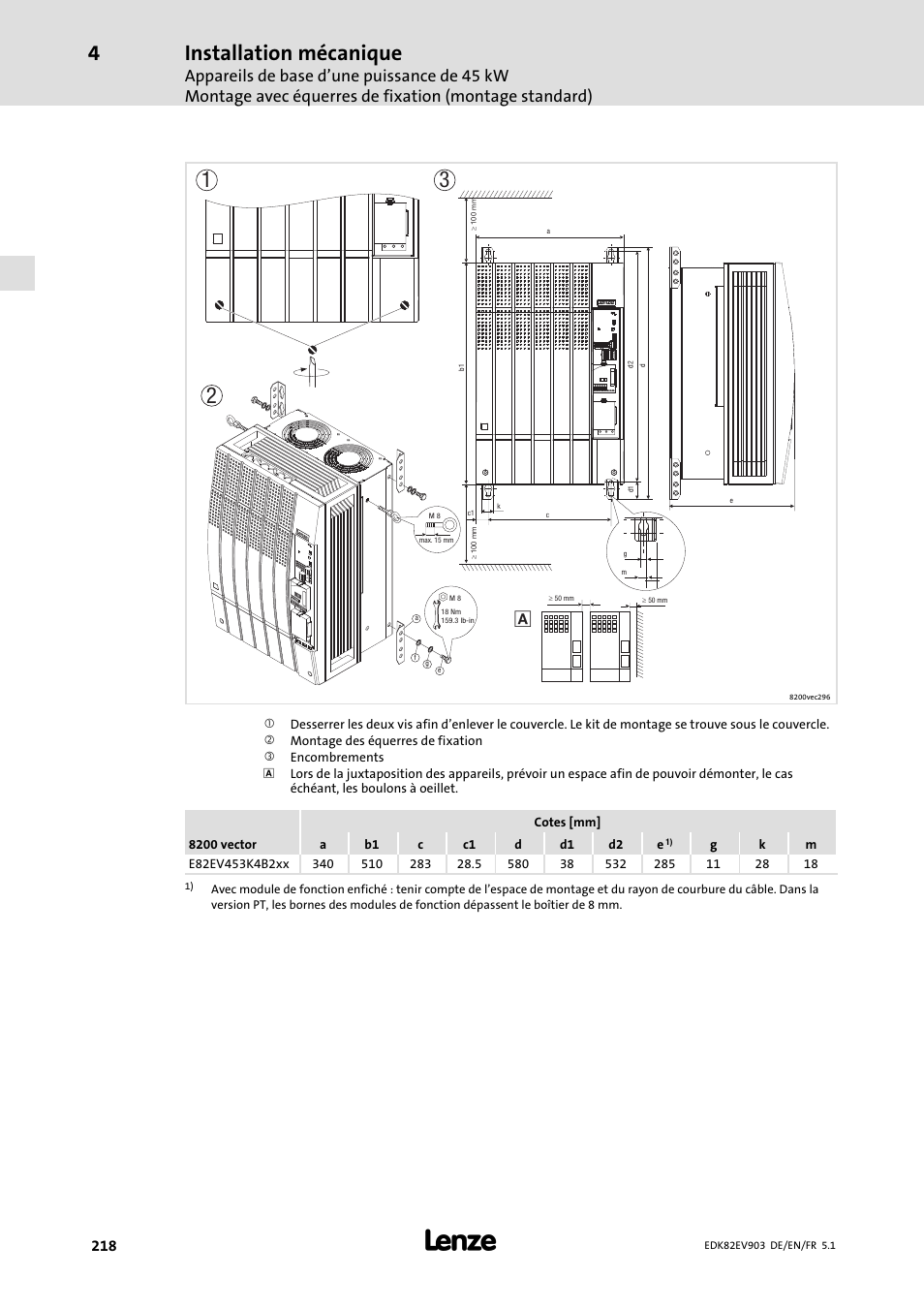 Installation mécanique | Lenze E82EV 8200 vector 15kW-90kW User Manual | Page 218 / 288
