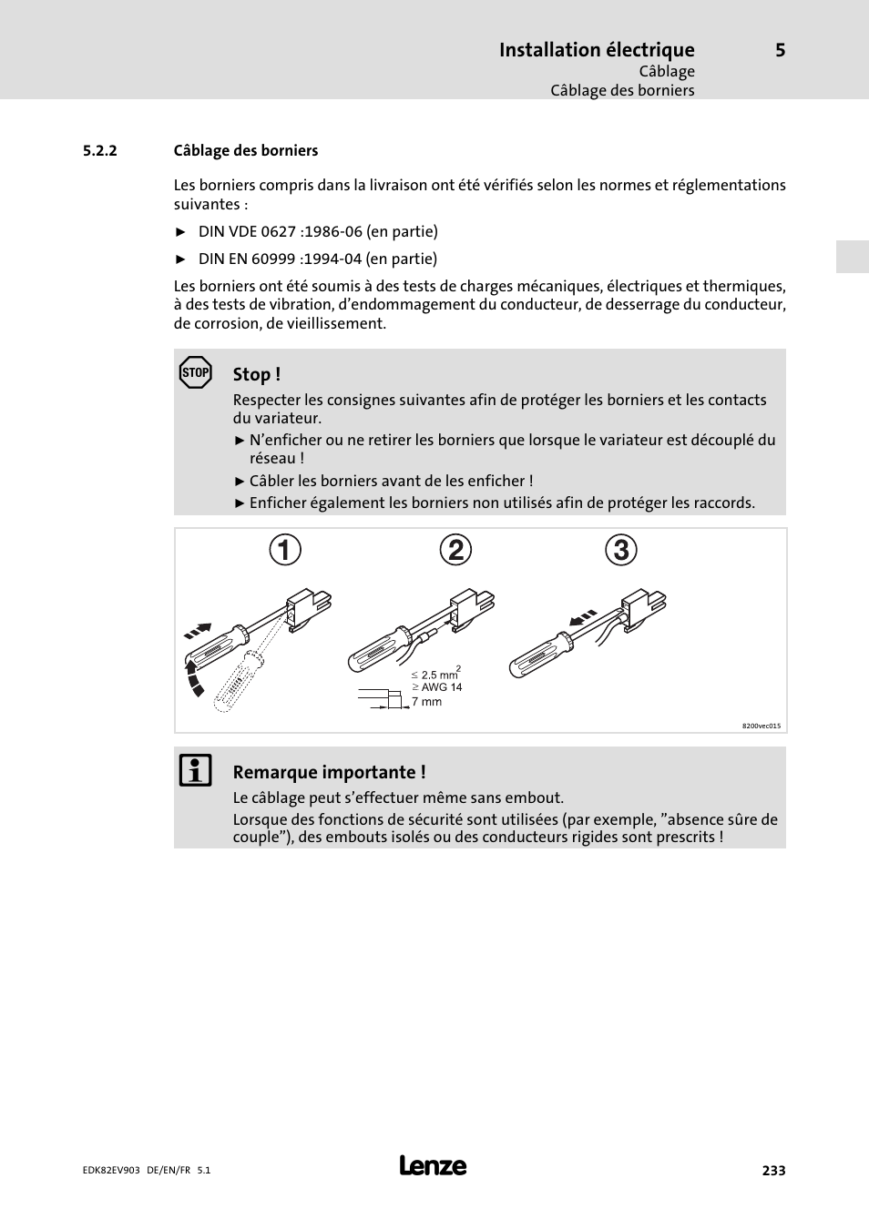 Câblage des borniers | Lenze E82EV 8200 vector 15kW-90kW User Manual | Page 233 / 288