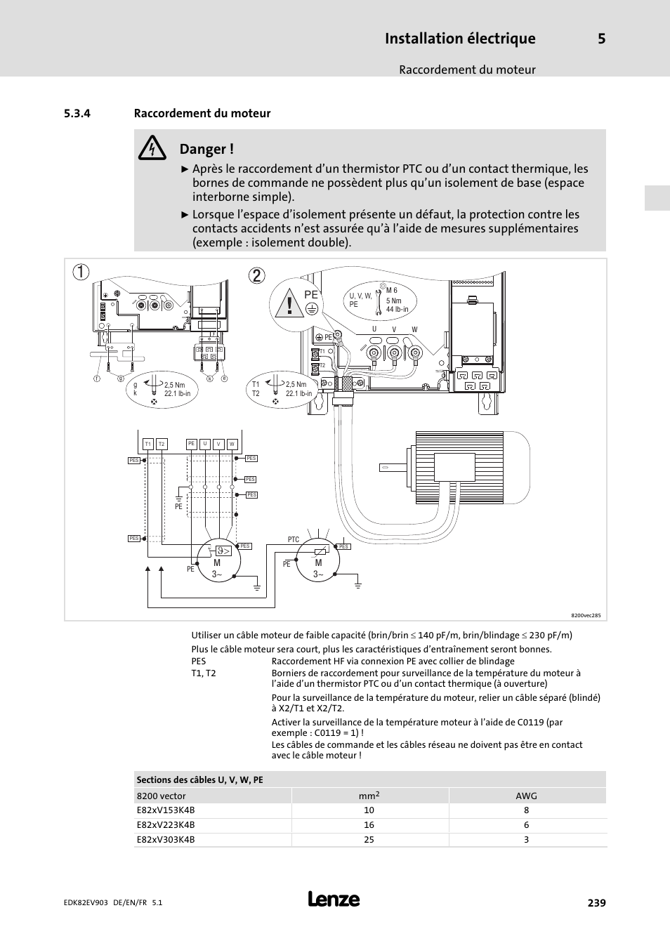 Raccordement du moteur, Installation électrique, Danger | 4 raccordement du moteur | Lenze E82EV 8200 vector 15kW-90kW User Manual | Page 239 / 288