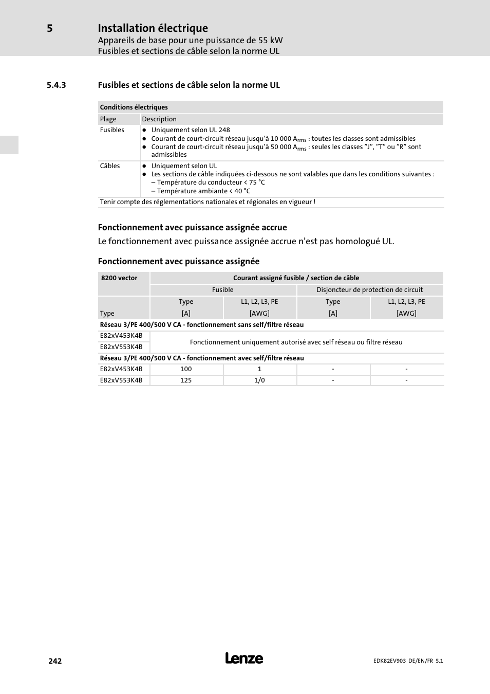 Fusibles et sections de câble selon la norme ul, Installation électrique | Lenze E82EV 8200 vector 15kW-90kW User Manual | Page 242 / 288