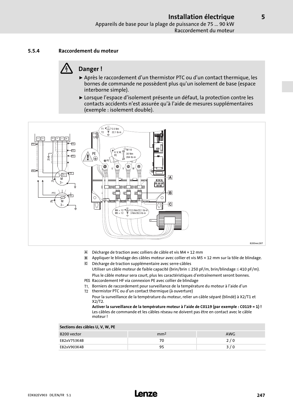 Raccordement du moteur, Installation électrique, Danger | 4 raccordement du moteur | Lenze E82EV 8200 vector 15kW-90kW User Manual | Page 247 / 288