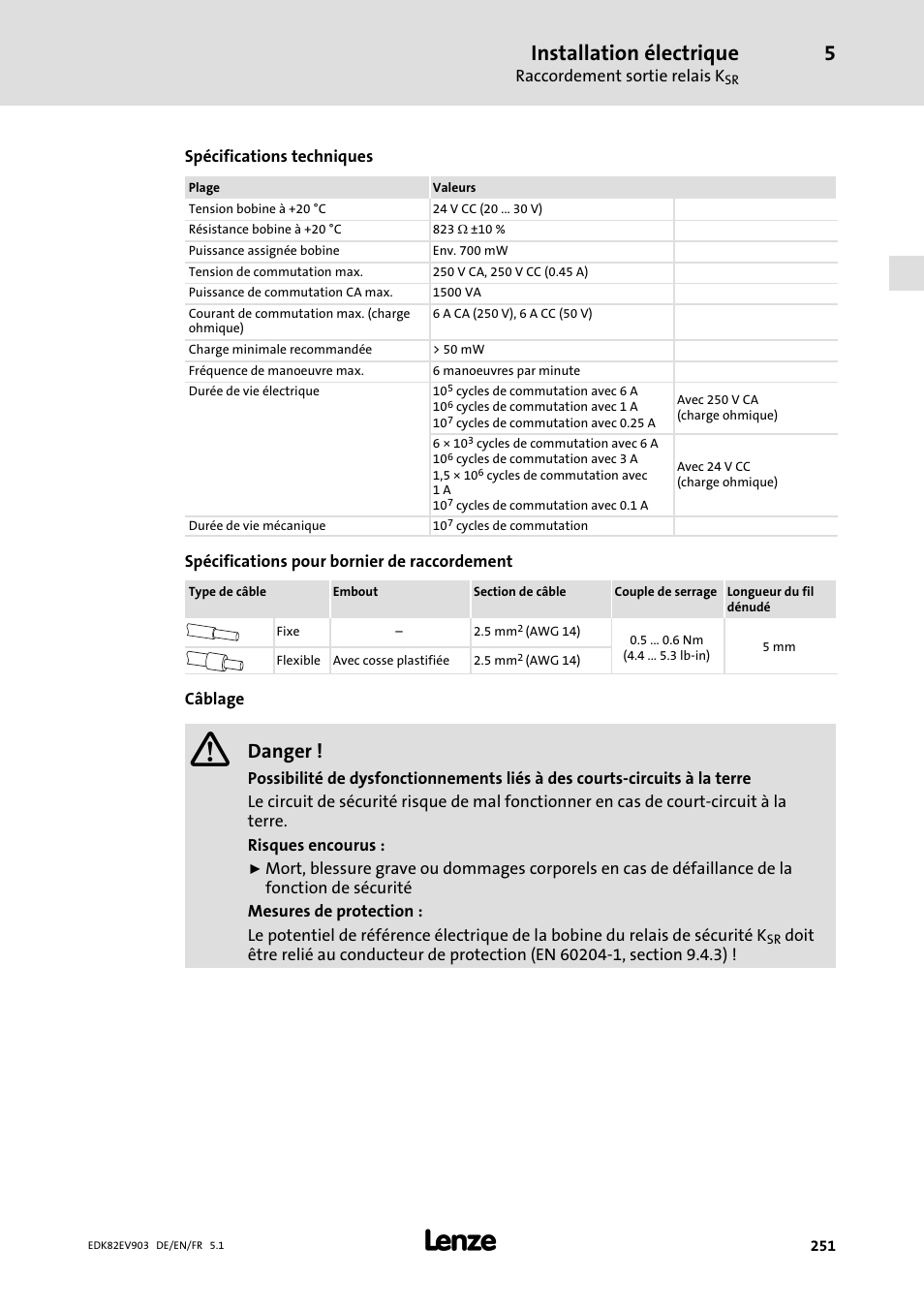 Installation électrique, Danger | Lenze E82EV 8200 vector 15kW-90kW User Manual | Page 251 / 288