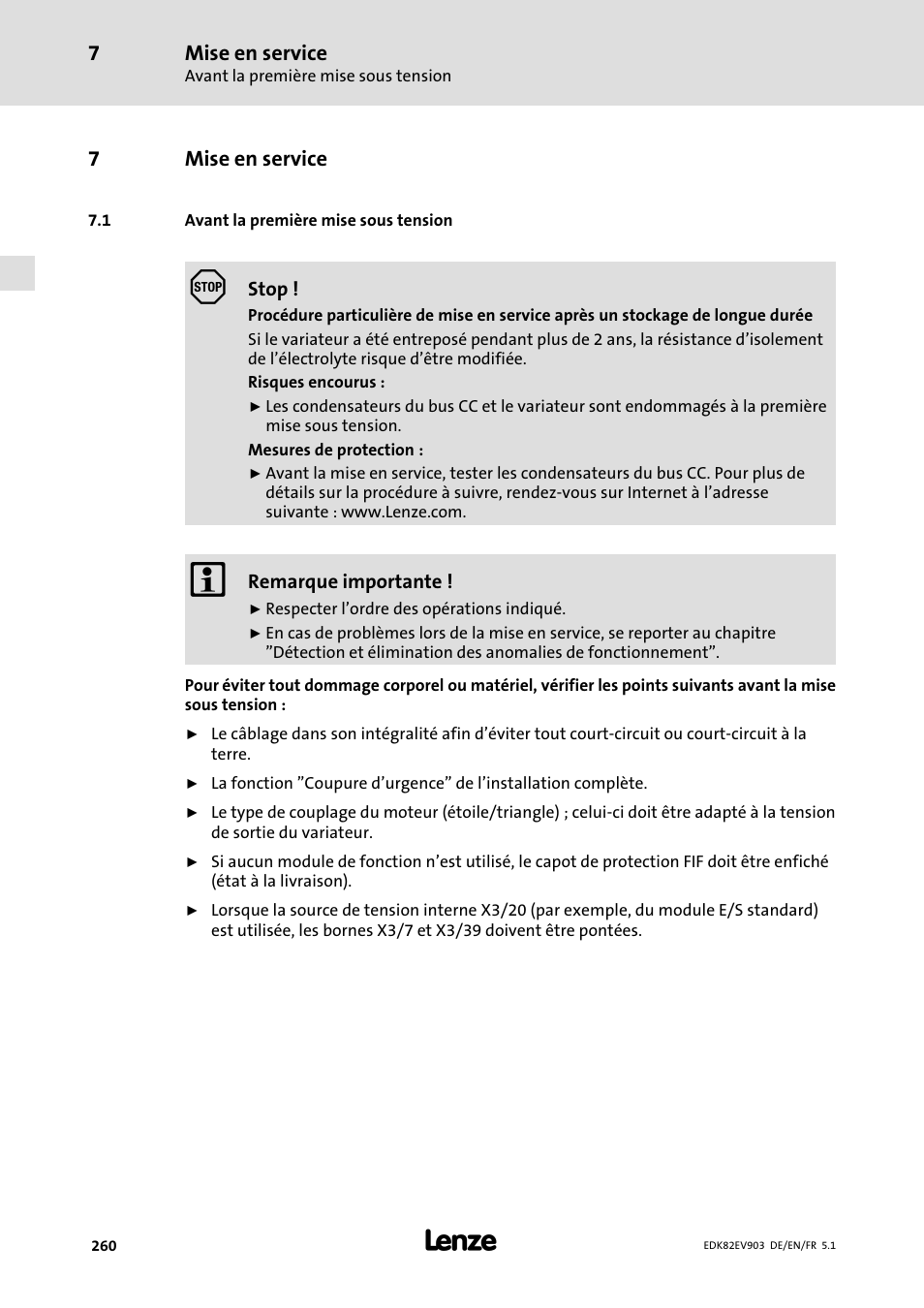 Mise en service, Avant la première mise sous tension | Lenze E82EV 8200 vector 15kW-90kW User Manual | Page 260 / 288