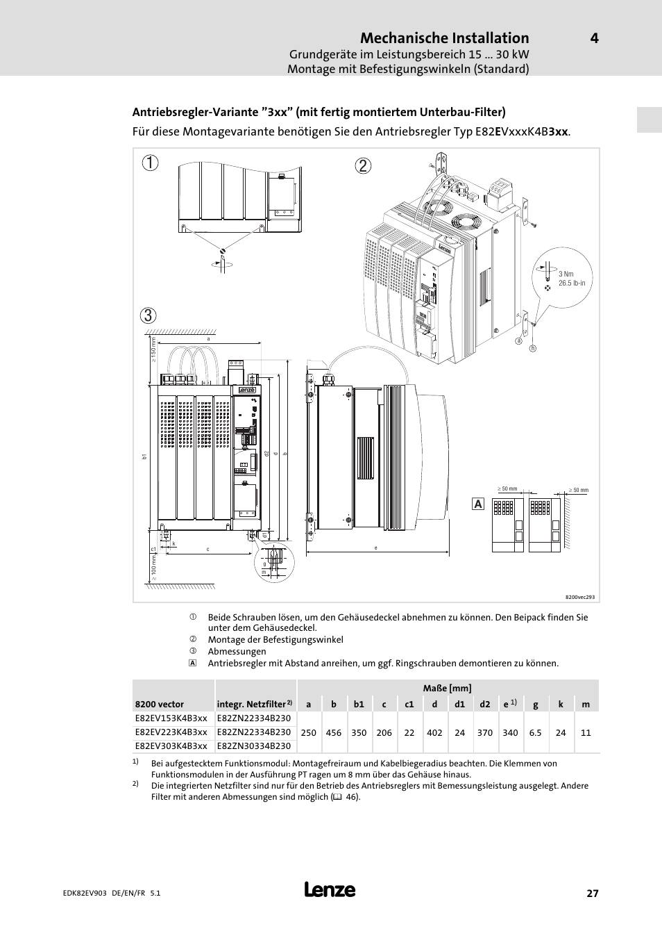 Mechanische installation | Lenze E82EV 8200 vector 15kW-90kW User Manual | Page 27 / 288