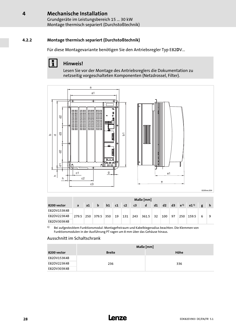 Montage thermisch separiert (durchstoßtechnik), Mechanische installation, Hinweis | Lenze E82EV 8200 vector 15kW-90kW User Manual | Page 28 / 288