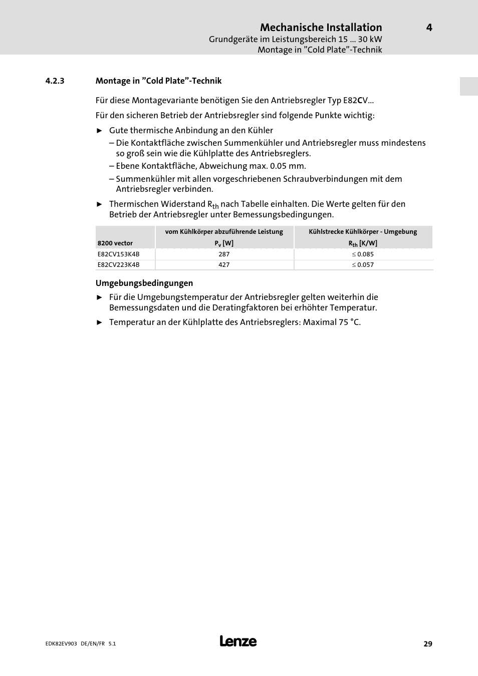 Montage in "cold plate"-technik, Montage in "cold plate"−technik, Mechanische installation | Lenze E82EV 8200 vector 15kW-90kW User Manual | Page 29 / 288