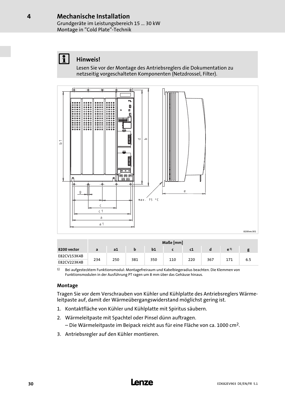 Mechanische installation, Hinweis | Lenze E82EV 8200 vector 15kW-90kW User Manual | Page 30 / 288