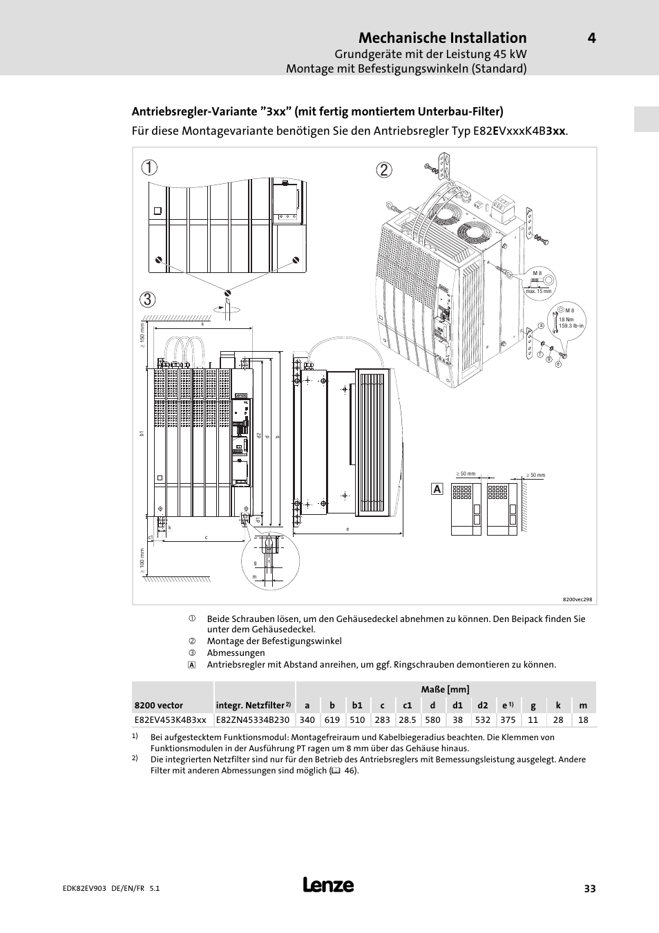Mechanische installation | Lenze E82EV 8200 vector 15kW-90kW User Manual | Page 33 / 288