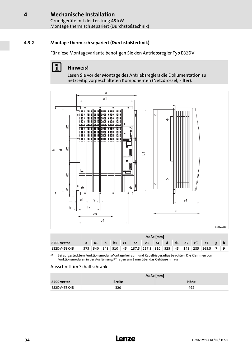 Montage thermisch separiert (durchstoßtechnik), Mechanische installation, Hinweis | Lenze E82EV 8200 vector 15kW-90kW User Manual | Page 34 / 288