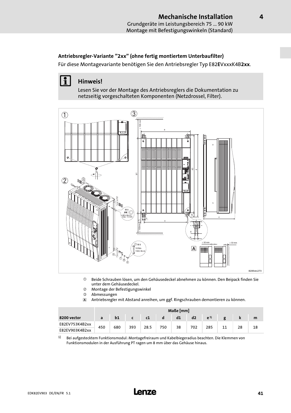 Mechanische installation, Hinweis | Lenze E82EV 8200 vector 15kW-90kW User Manual | Page 41 / 288