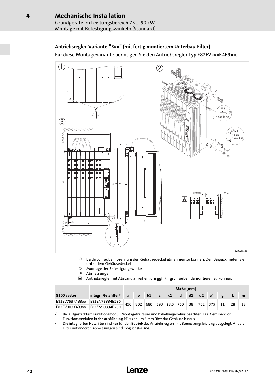 Mechanische installation | Lenze E82EV 8200 vector 15kW-90kW User Manual | Page 42 / 288