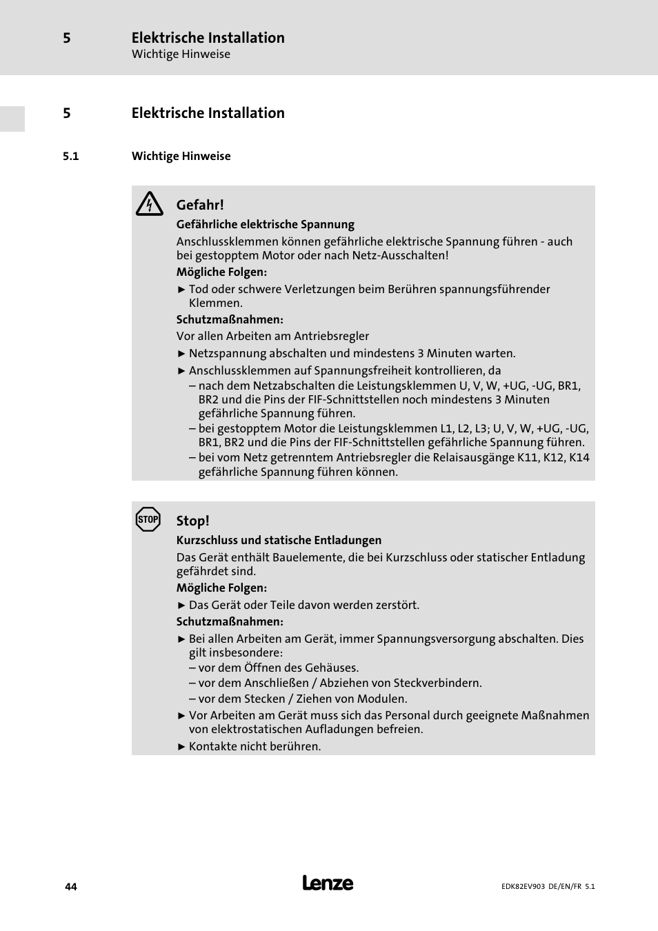 Elektrische installation, Wichtige hinweise | Lenze E82EV 8200 vector 15kW-90kW User Manual | Page 44 / 288