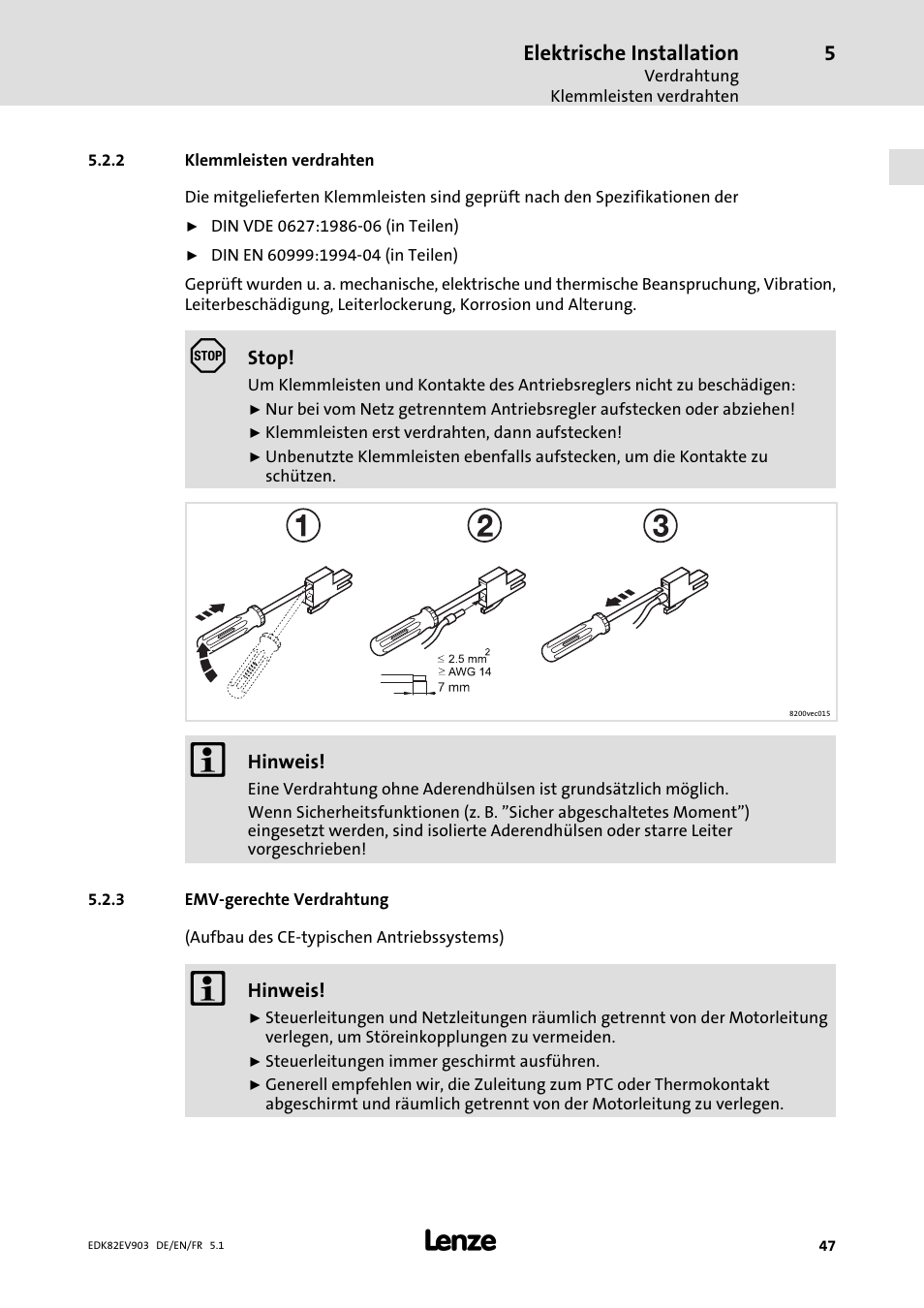 Klemmleisten verdrahten, Emv-gerechte verdrahtung, Emv−gerechte verdrahtung | Lenze E82EV 8200 vector 15kW-90kW User Manual | Page 47 / 288