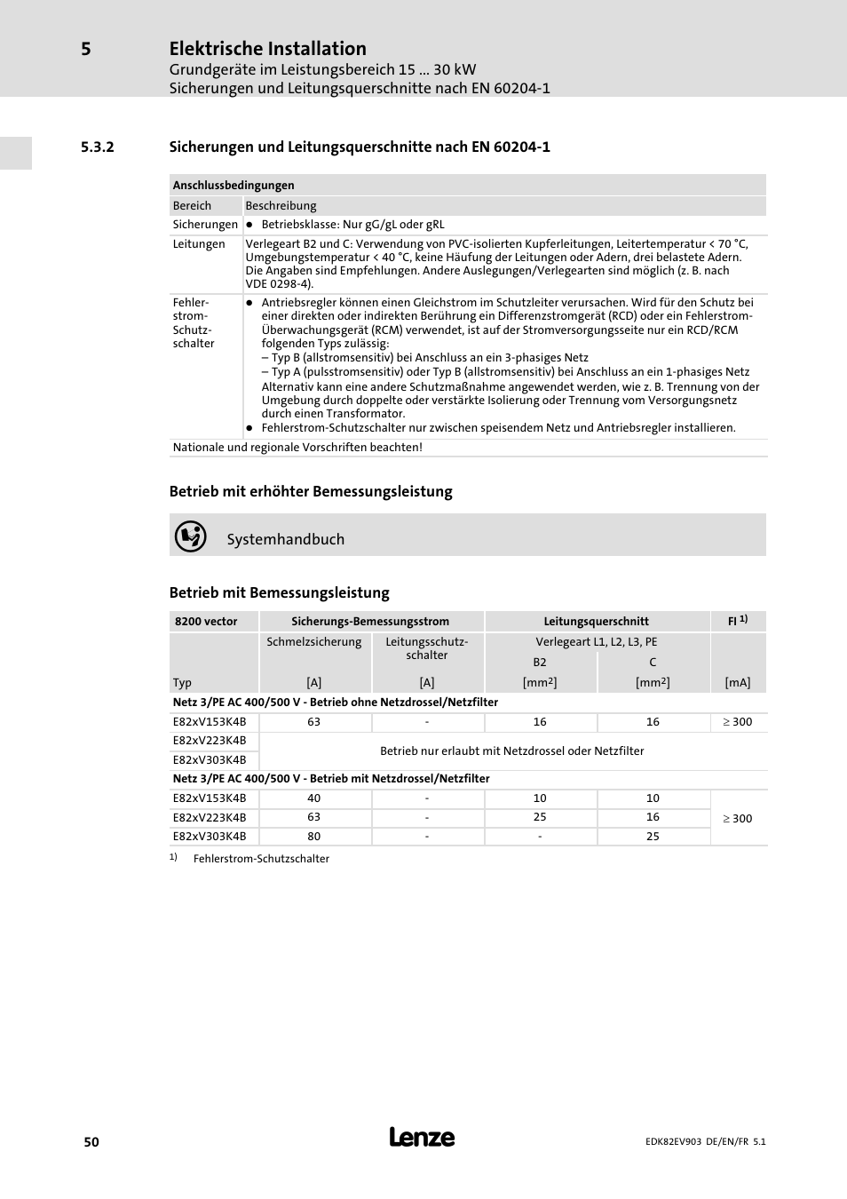 Elektrische installation | Lenze E82EV 8200 vector 15kW-90kW User Manual | Page 50 / 288