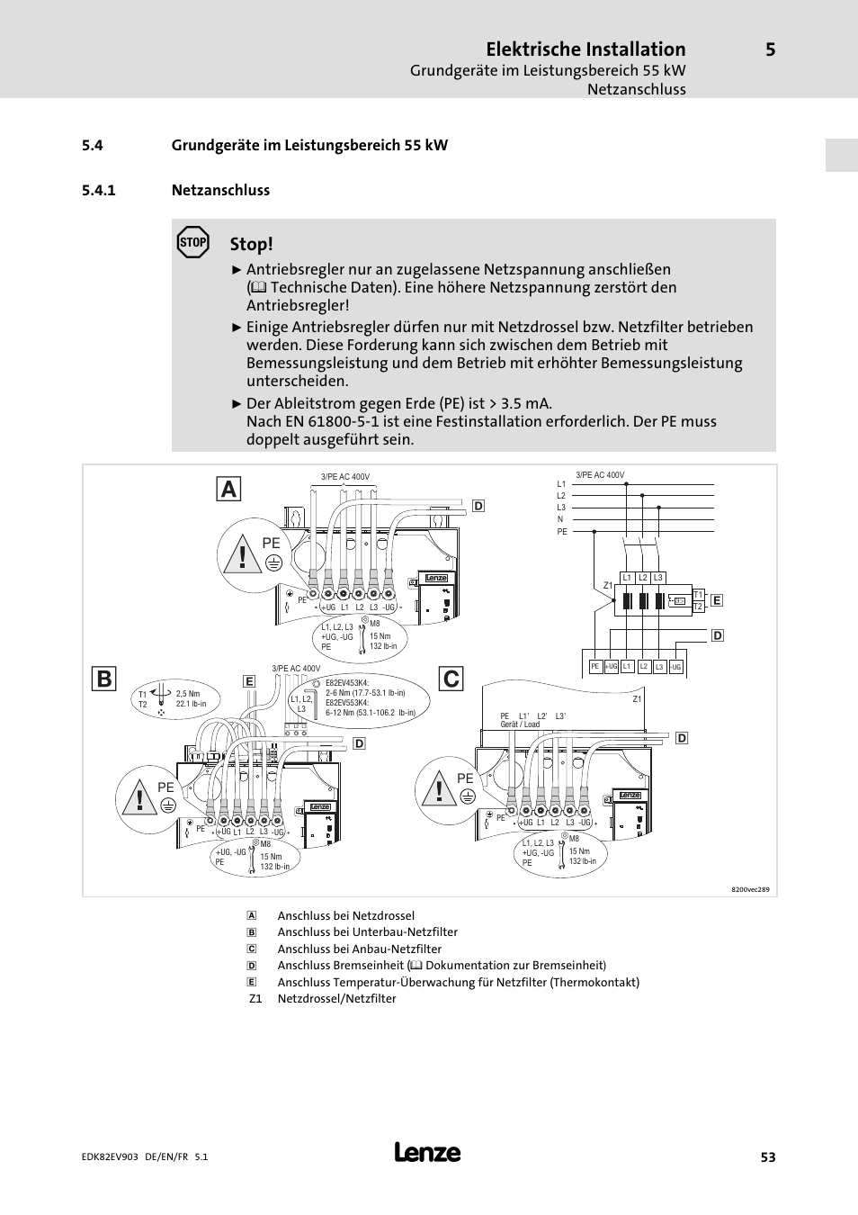 Grundgeräte im leistungsbereich 55 kw, Netzanschluss, Elektrische installation | Stop | Lenze E82EV 8200 vector 15kW-90kW User Manual | Page 53 / 288