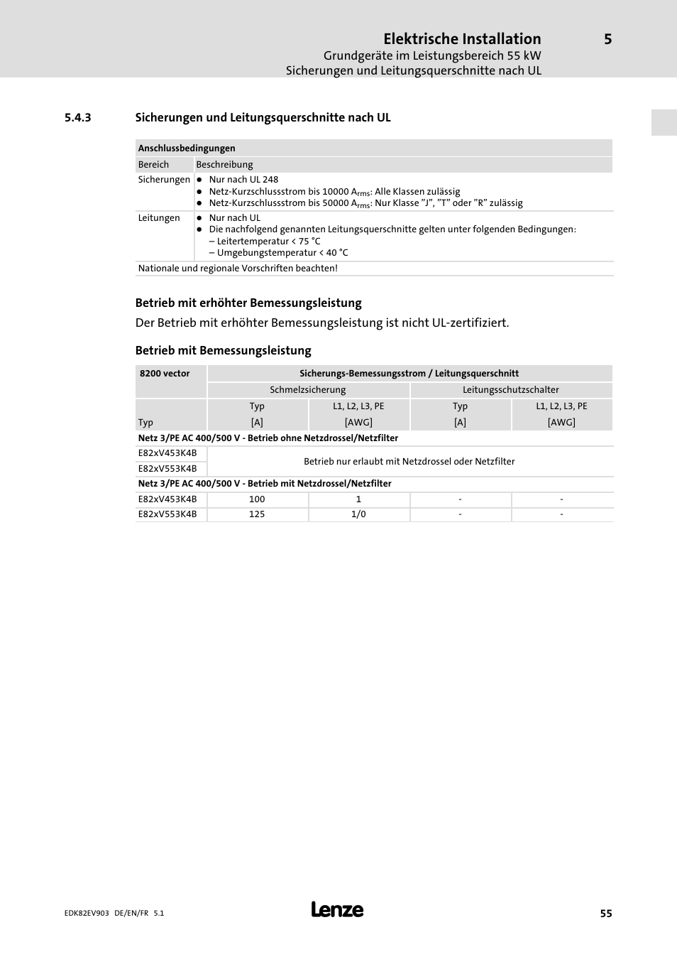 Sicherungen und leitungsquerschnitte nach ul, Elektrische installation | Lenze E82EV 8200 vector 15kW-90kW User Manual | Page 55 / 288