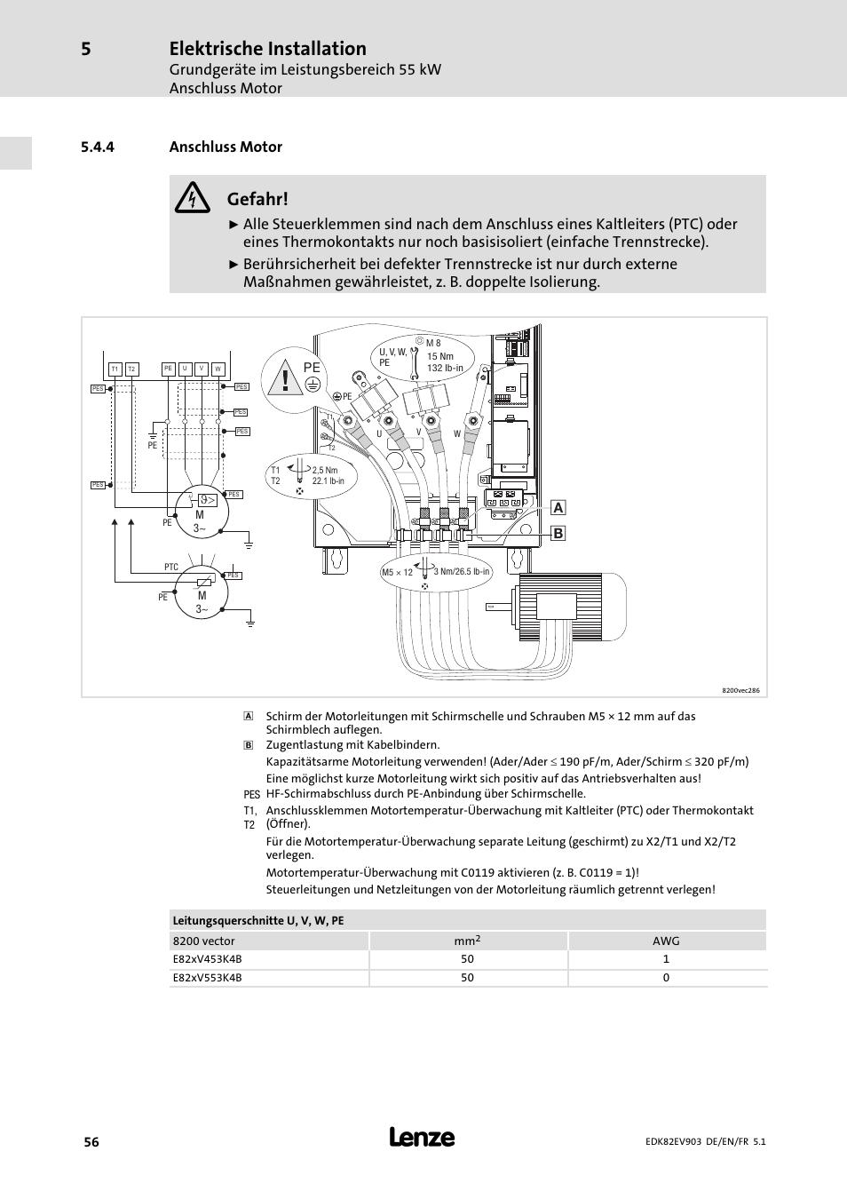 Anschluss motor, Elektrische installation, Gefahr | 4 anschluss motor | Lenze E82EV 8200 vector 15kW-90kW User Manual | Page 56 / 288