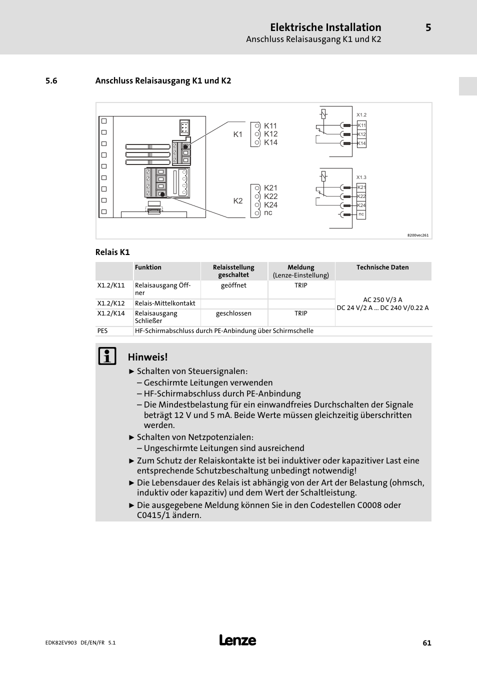 Anschluss relaisausgang k1 und k2, Elektrische installation, Hinweis | Lenze E82EV 8200 vector 15kW-90kW User Manual | Page 61 / 288