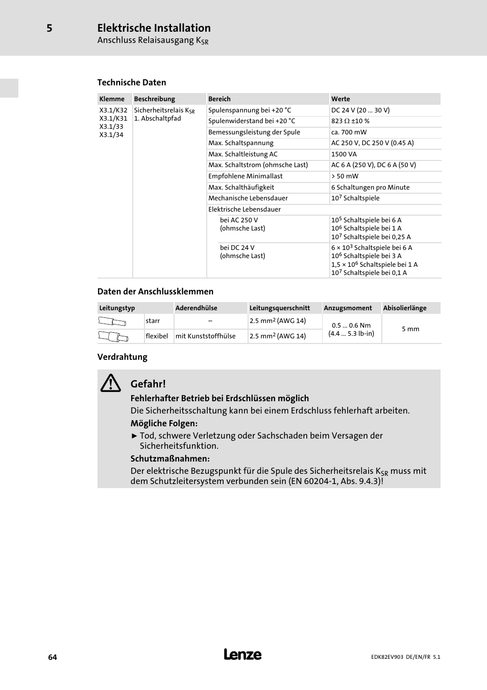 Elektrische installation, Gefahr | Lenze E82EV 8200 vector 15kW-90kW User Manual | Page 64 / 288