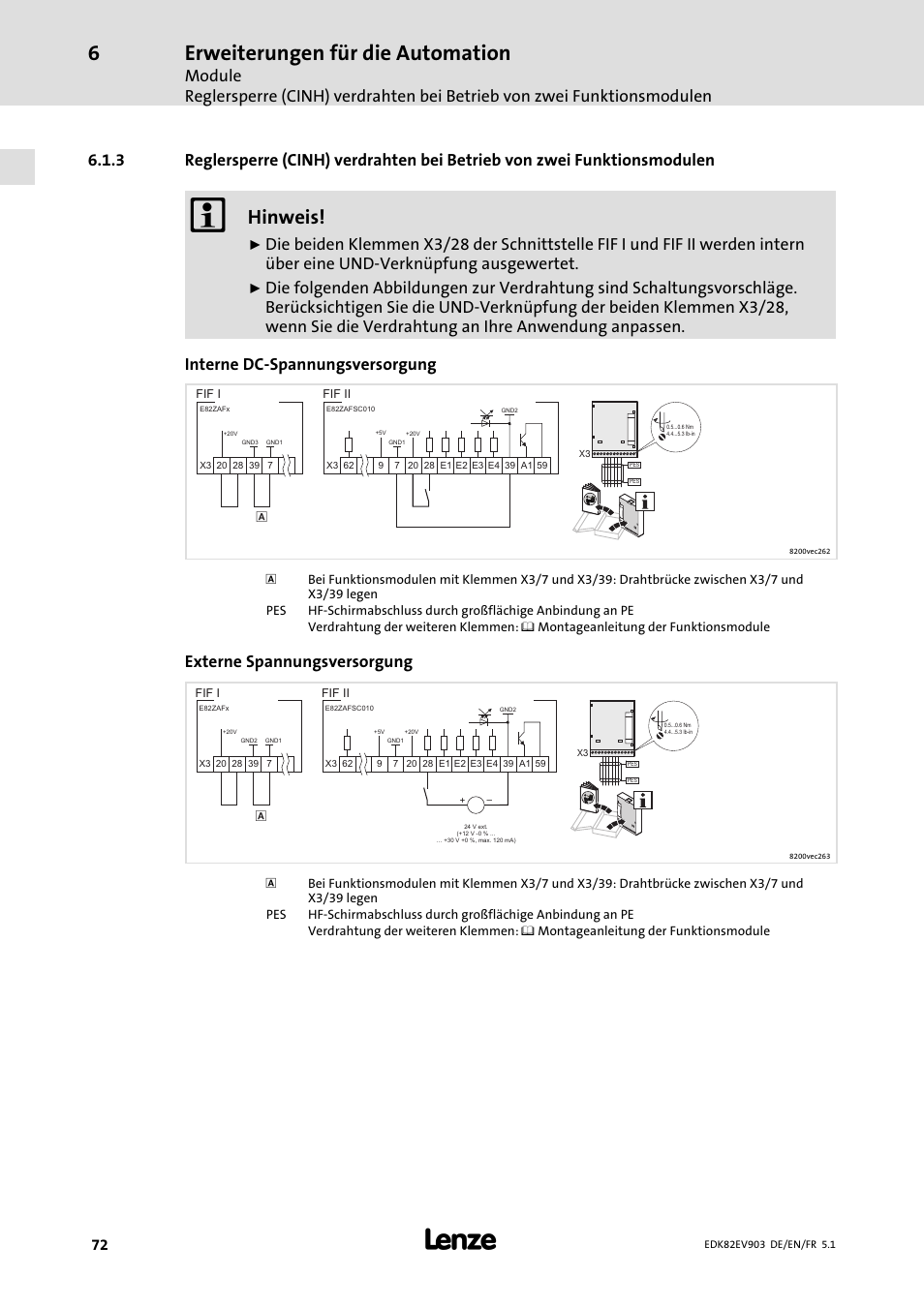 Erweiterungen für die automation, Hinweis, Externe spannungsversorgung | Lenze E82EV 8200 vector 15kW-90kW User Manual | Page 72 / 288