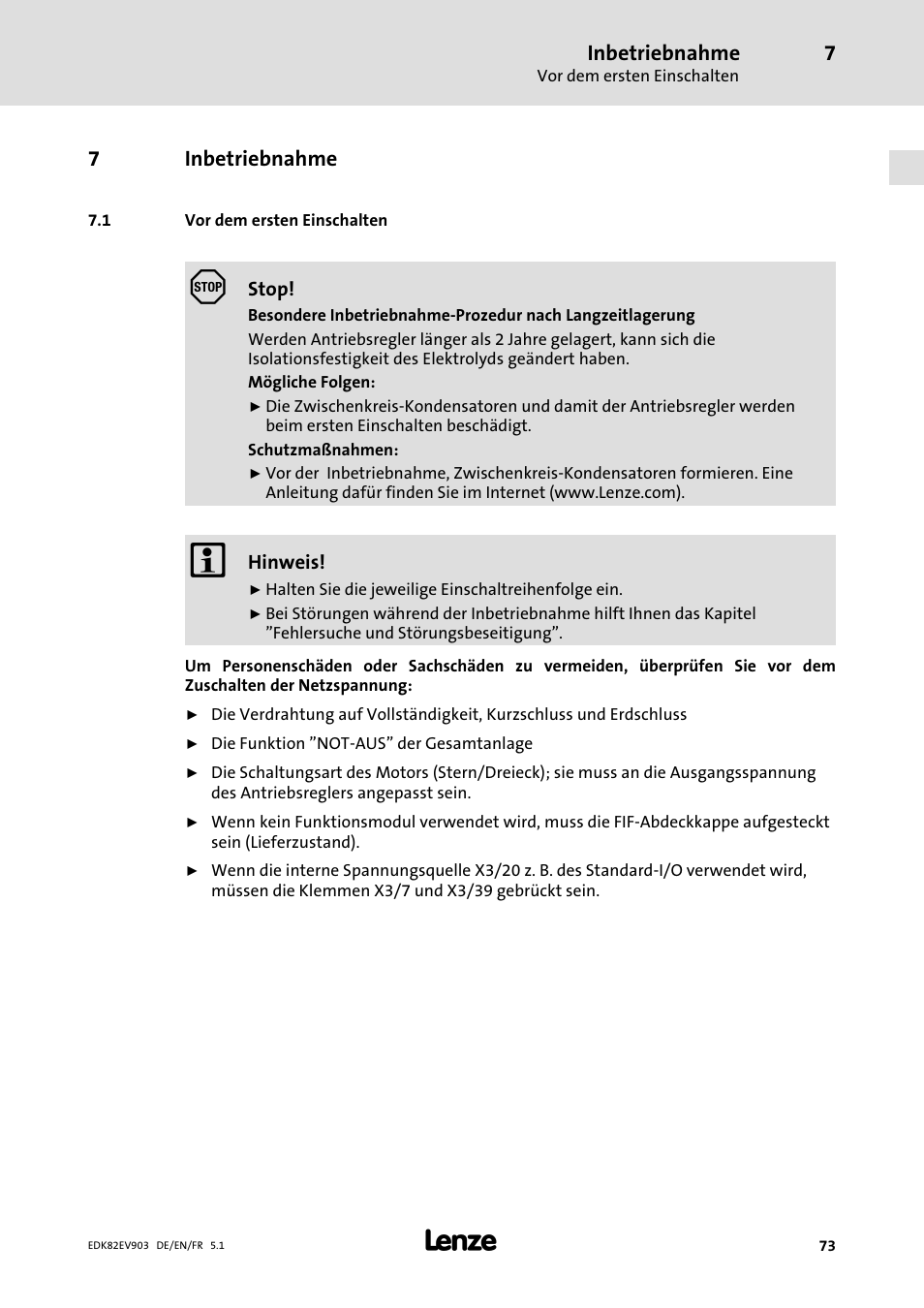 Inbetriebnahme, Vor dem ersten einschalten | Lenze E82EV 8200 vector 15kW-90kW User Manual | Page 73 / 288