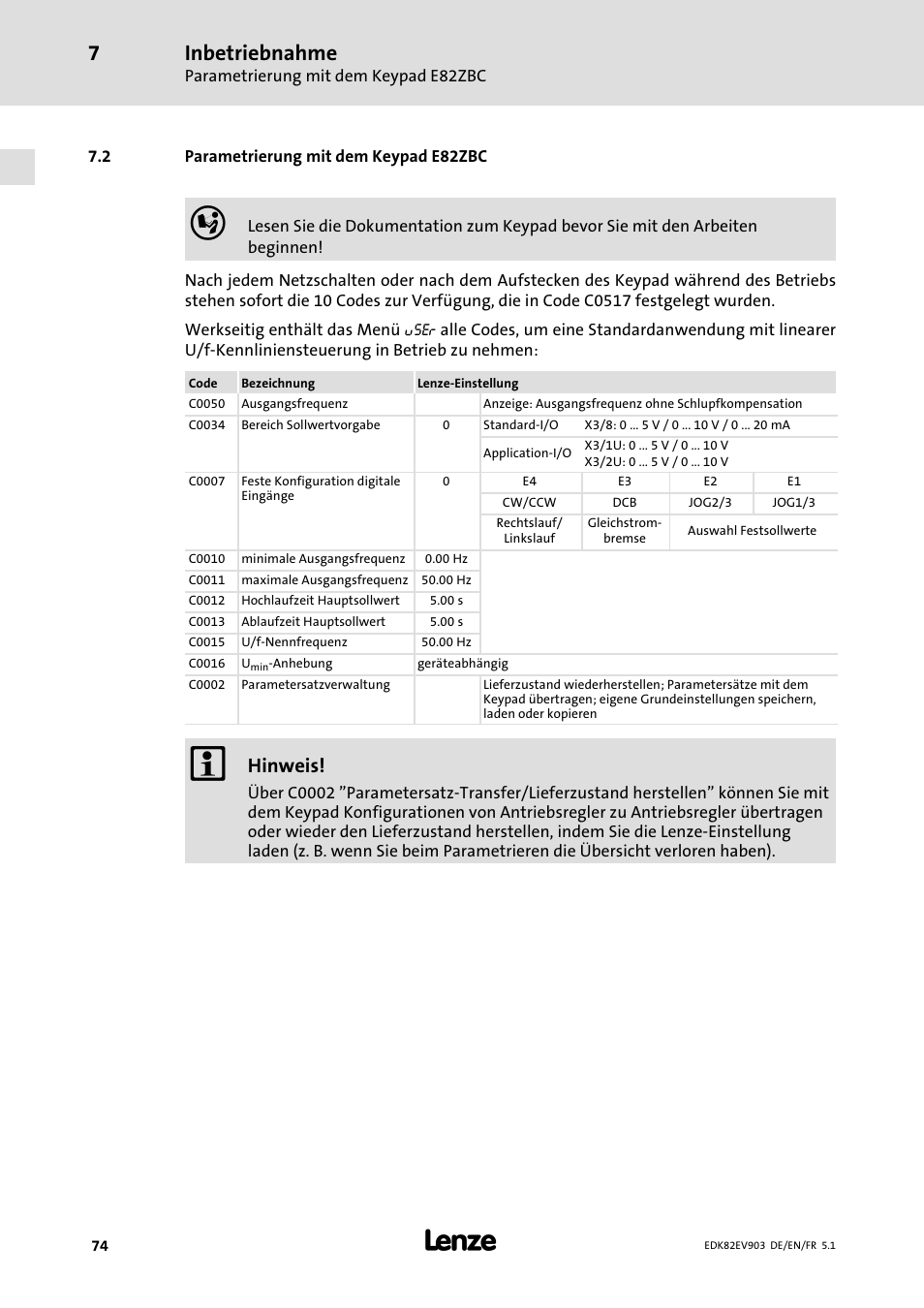 Parametrierung mit dem keypad e82zbc, Inbetriebnahme, Hinweis | Lenze E82EV 8200 vector 15kW-90kW User Manual | Page 74 / 288