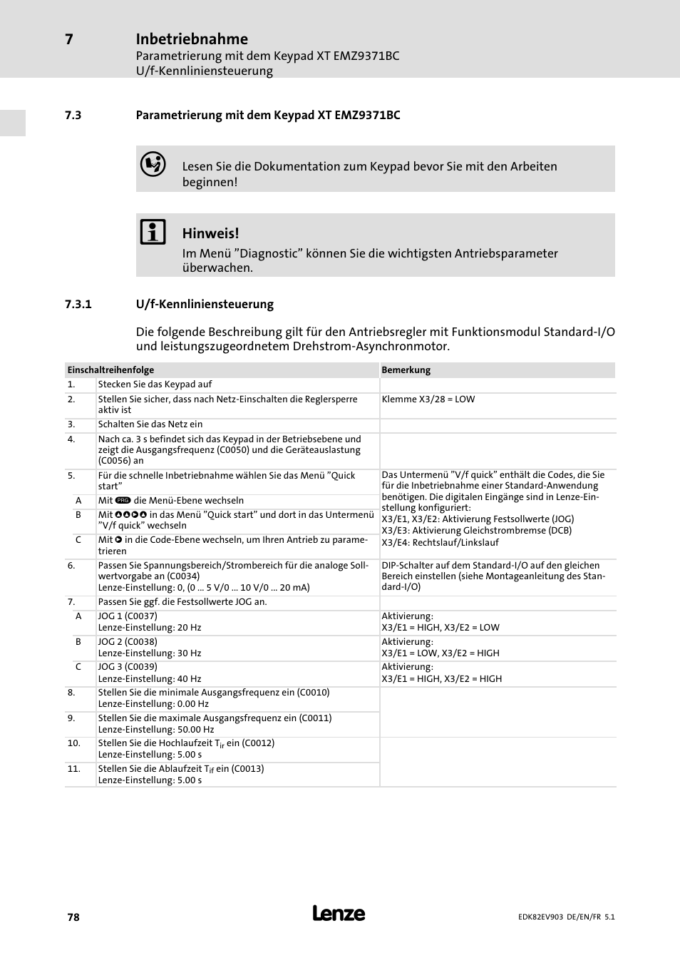 Parametrierung mit dem keypad xt emz9371bc, U/f-kennliniensteuerung, U/f−kennliniensteuerung | Inbetriebnahme, Hinweis | Lenze E82EV 8200 vector 15kW-90kW User Manual | Page 78 / 288