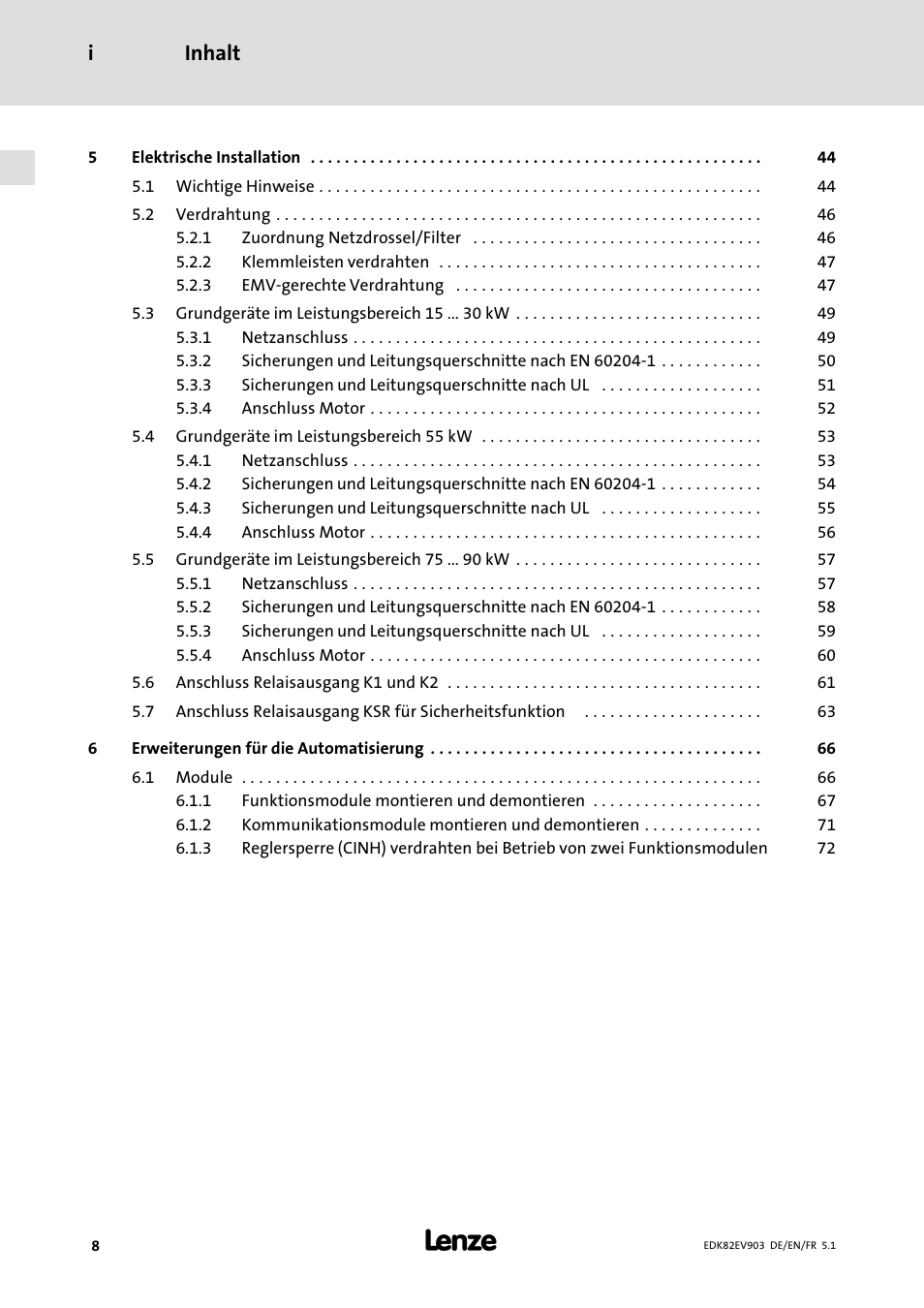 Inhalt i | Lenze E82EV 8200 vector 15kW-90kW User Manual | Page 8 / 288