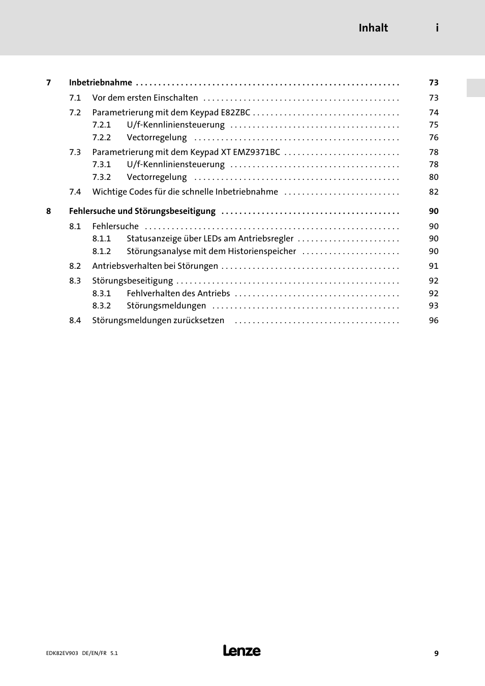 Inhalt i | Lenze E82EV 8200 vector 15kW-90kW User Manual | Page 9 / 288