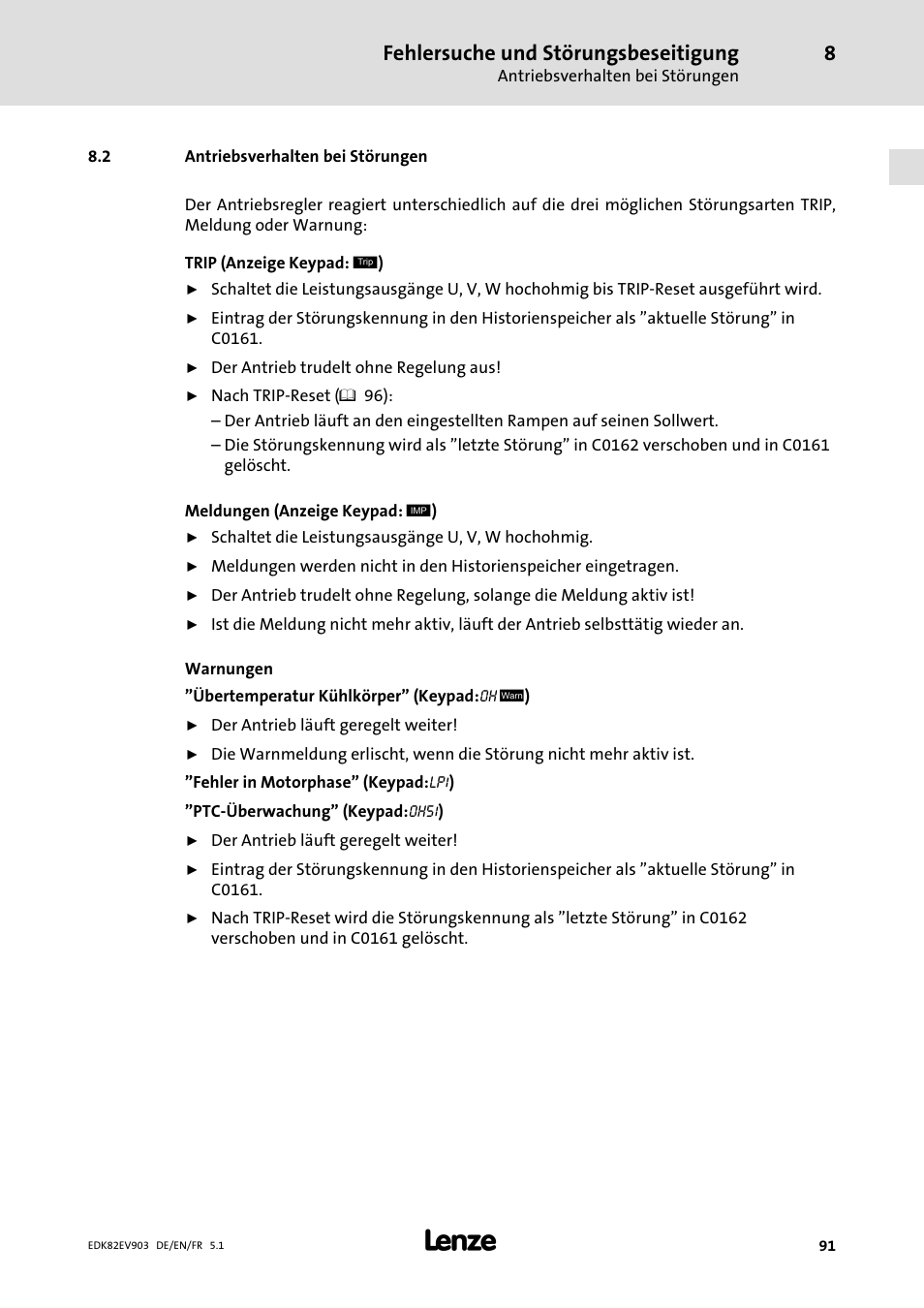 Antriebsverhalten bei störungen, Fehlersuche und störungsbeseitigung | Lenze E82EV 8200 vector 15kW-90kW User Manual | Page 91 / 288