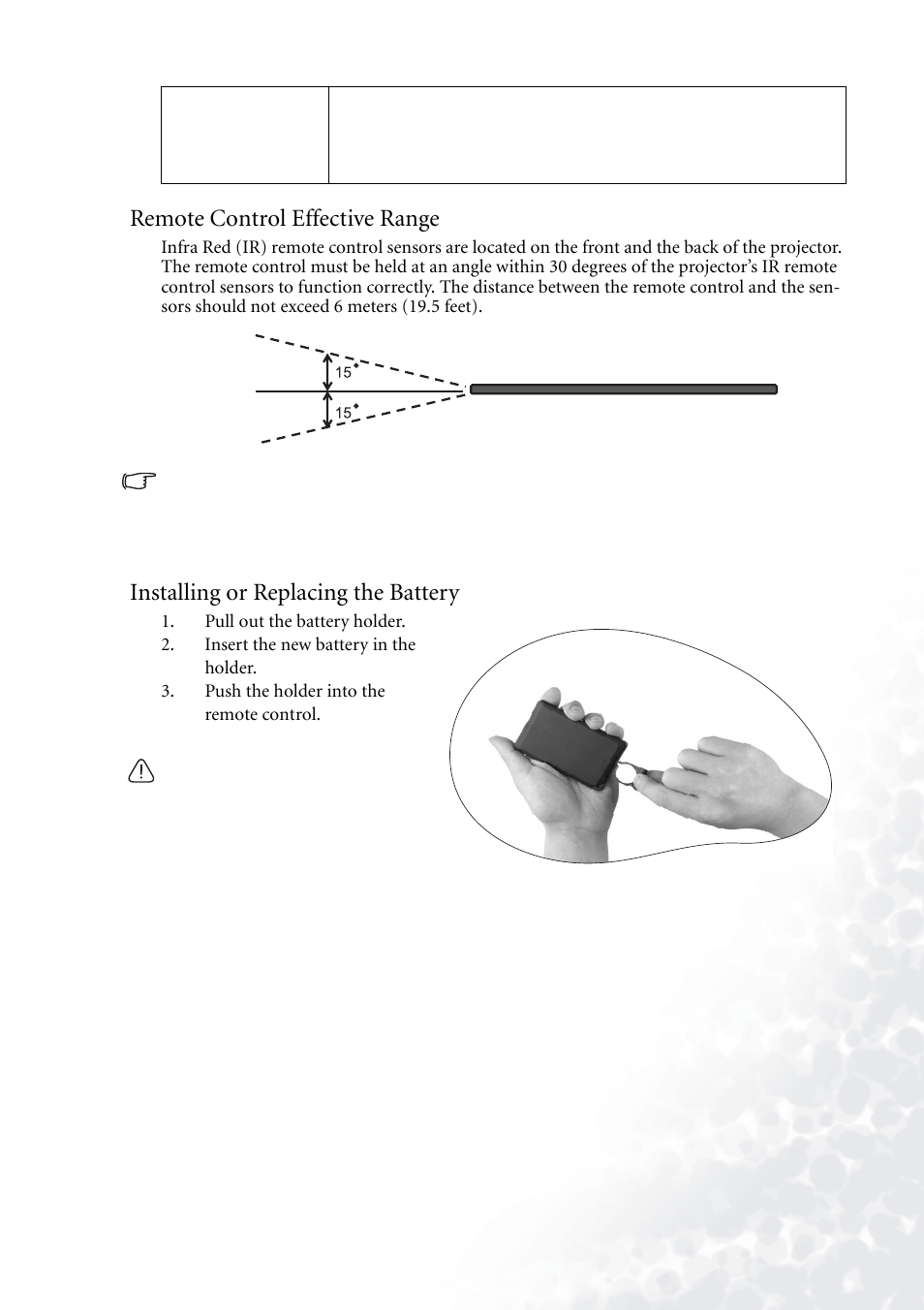 Remote control effective range, Installing or replacing the battery | BenQ PB6110 User Manual | Page 15 / 47