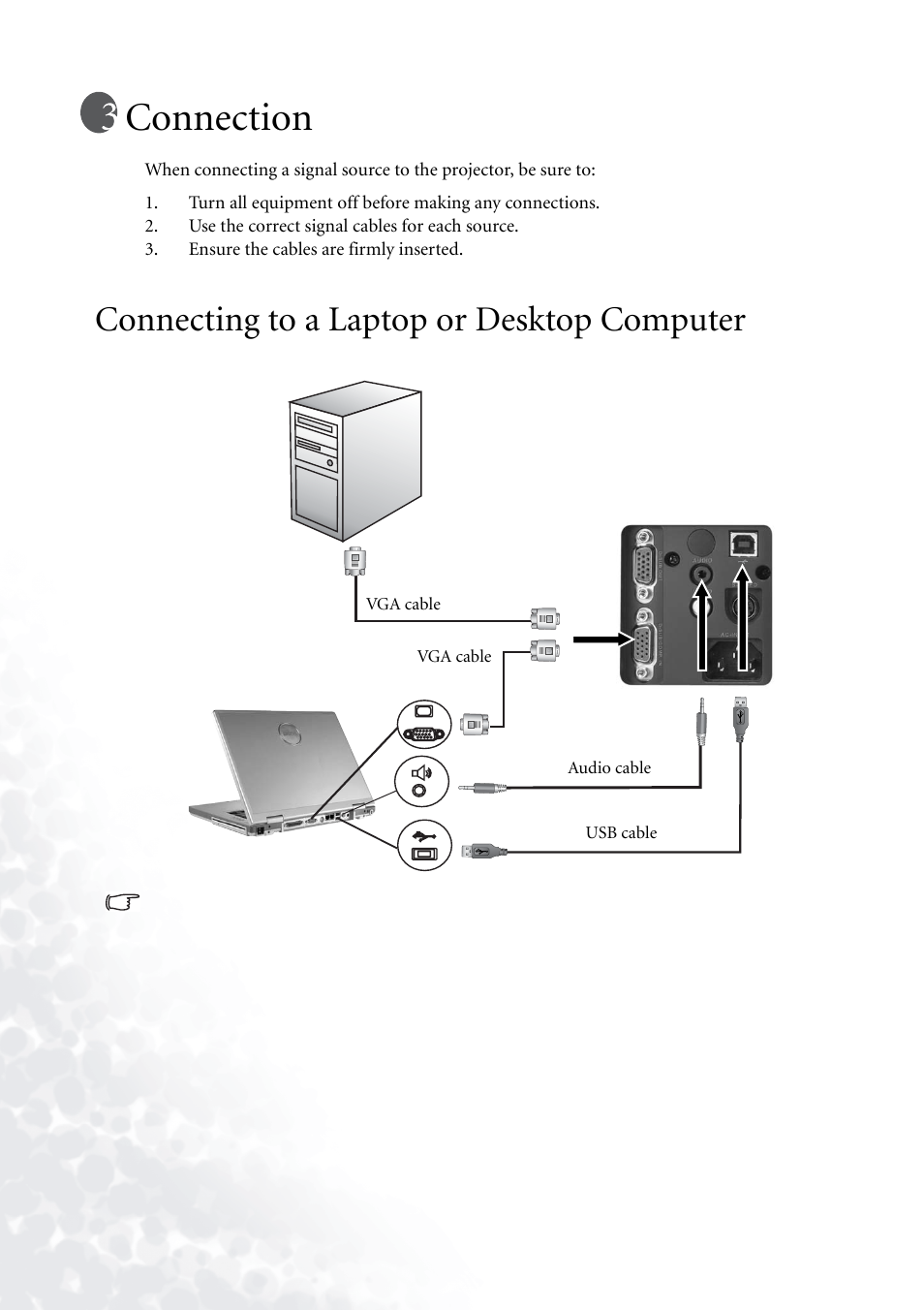 Connection, Connecting to a laptop or desktop computer | BenQ PB6110 User Manual | Page 16 / 47