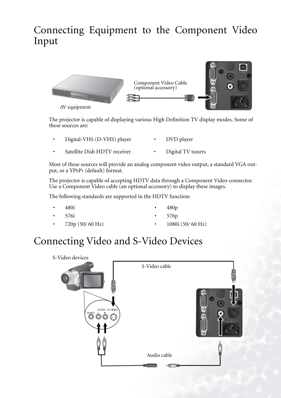 Connecting equipment to the component video input, Connecting video and s-video devices | BenQ PB6110 User Manual | Page 17 / 47